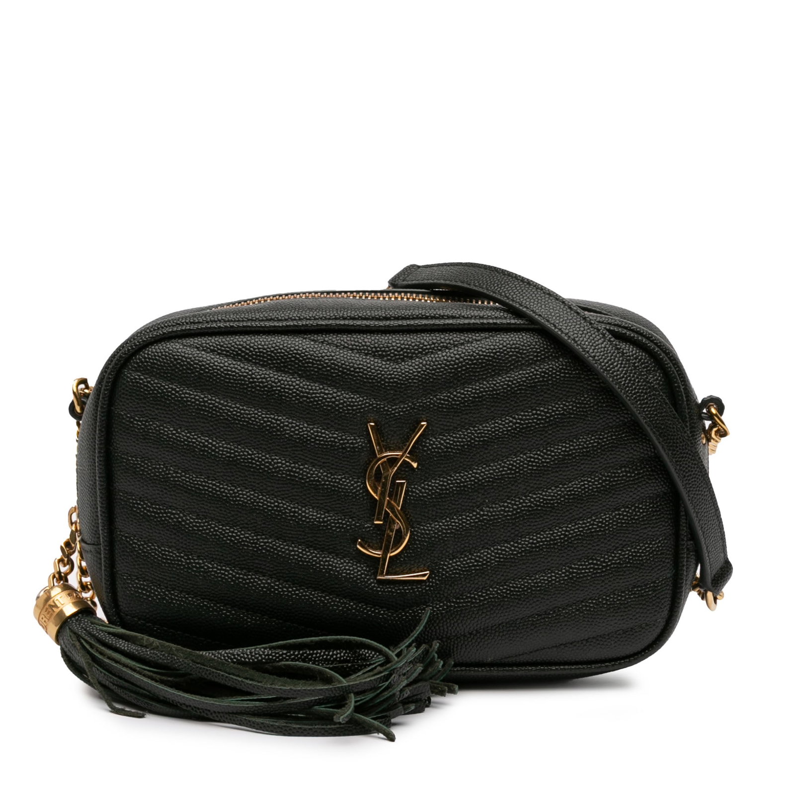Saint Laurent Lou Camera Bag Mini Grain de Poudre Monogram Black Leather: Saint Laurent Lou Camera Bag Mini Grain de Poudre Monogram Black Leather This Saint Laurent Mini Grain de Poudre Monogram Lou Camera Bag features a quilted leather body in black, complemented by a cha