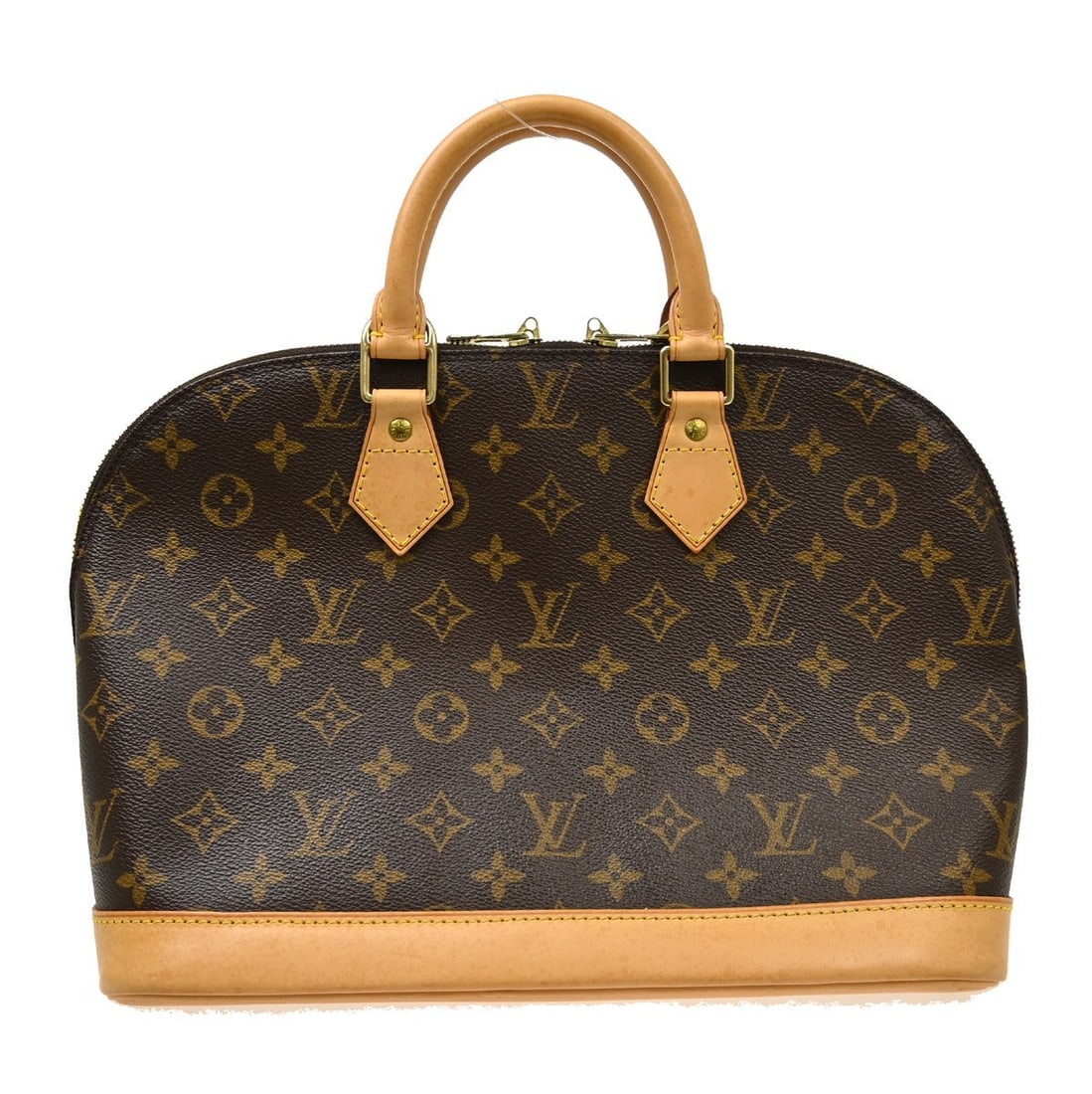 Louis Vuitton Alma Monogram Canvas Handbag M51130 BA0033: Louis Vuitton Alma Monogram Canvas Handbag M51130 BA0033 Vintage Louis Vuitton Alma handbag in brown Monogram canvas with leather trim and double handles. This medium handbag features a zip closure, l