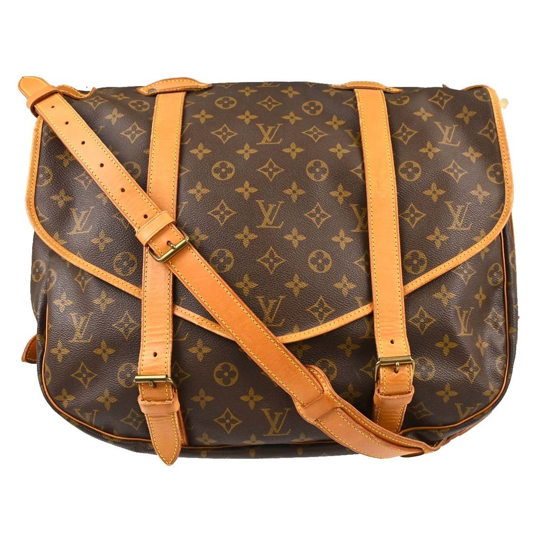 Louis Vuitton Saumur 43 Monogram Canvas Crossbody Messenger Bag M42252: Louis Vuitton Saumur 43 Monogram Canvas Crossbody Messenger Bag M42252 Vintage Louis Vuitton Saumur messenger bag in the Monogram pattern with a brown exterior and crossbody strap. This unisex bag fea