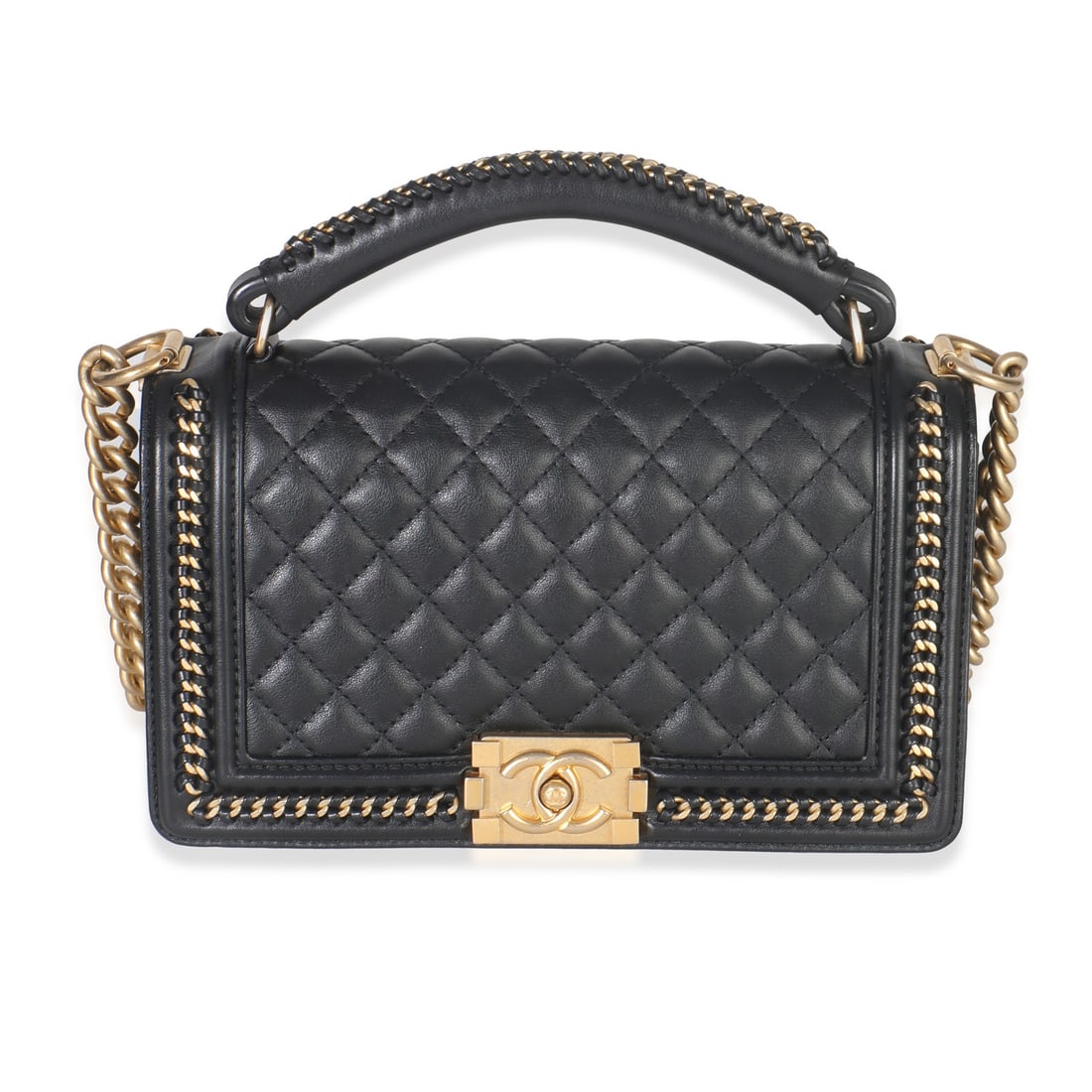 Chanel Boy Top Handle Crossbody Black Quilted Leather Bag: Chanel Boy Top Handle Crossbody Black Quilted Leather Bag Pre-owned Chanel Boy bag in black quilted calfskin with an interwoven chain strap and top handle. This unisex design features a push-lock clos