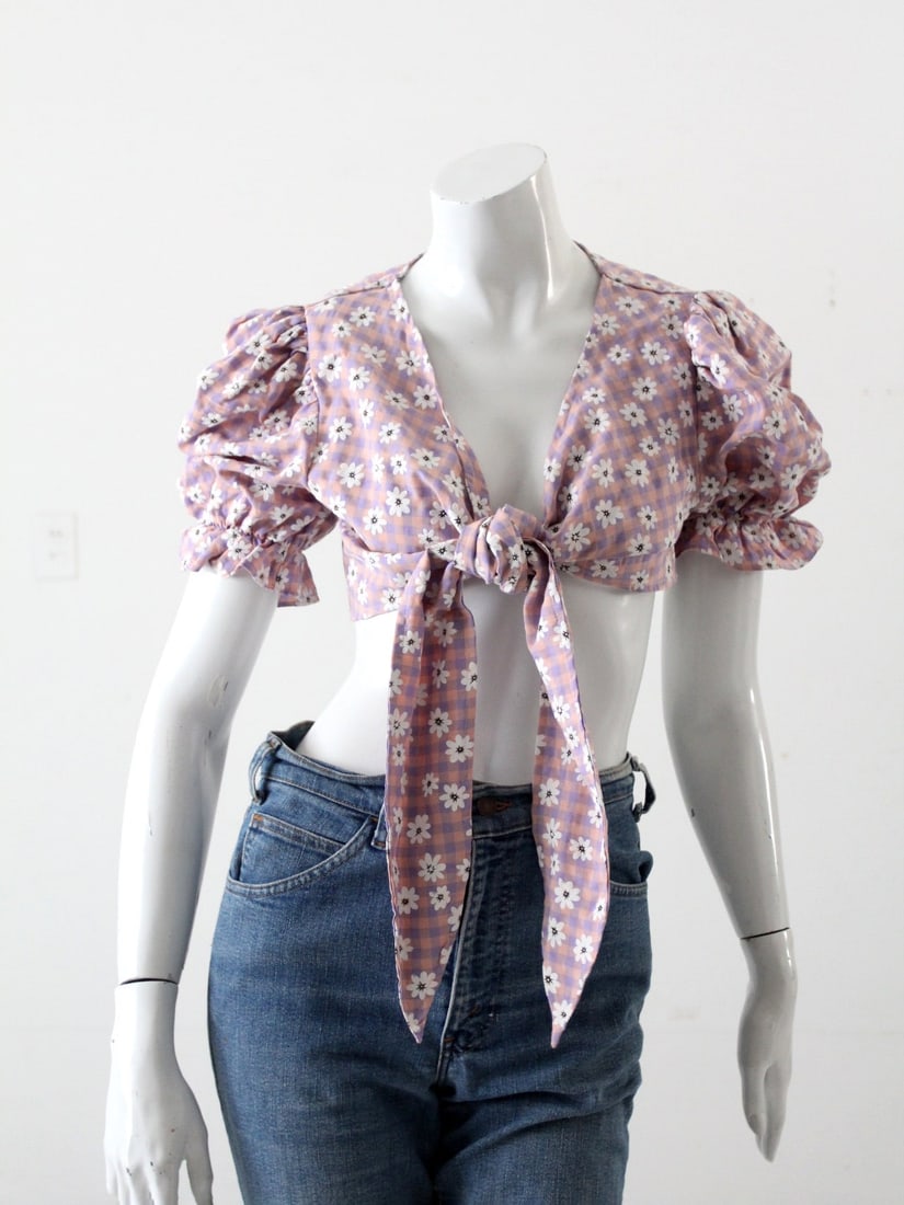 90s Vintage Floral Crop Top with Tie Front and Puff Sleeves (1 of 10)