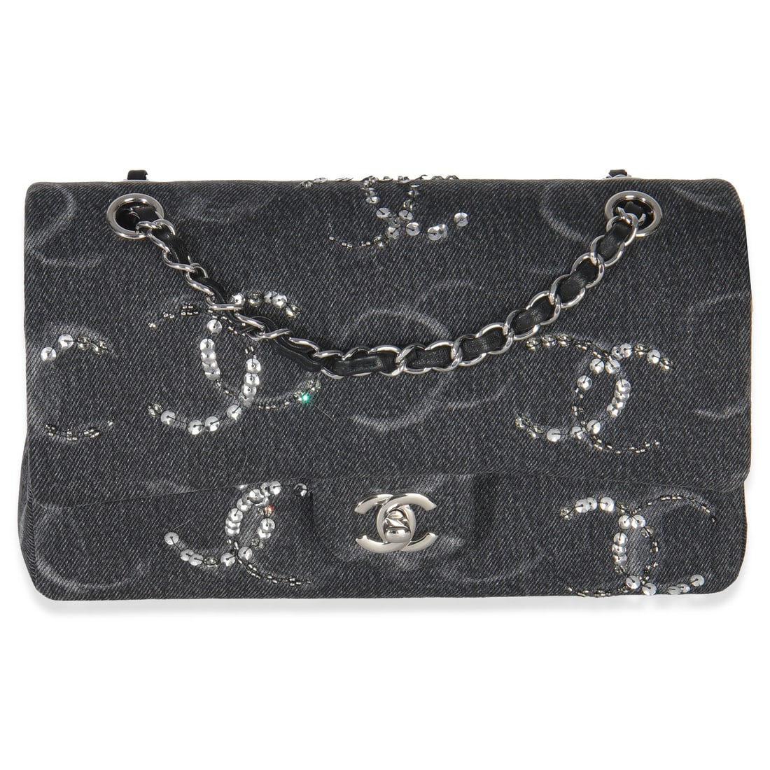 Chanel Black Denim CC Flap Bag Medium Sequin: Chanel Black Denim CC Flap Bag Medium Sequin This Chanel Black Denim Sequin CC Medium Classic Double Flap Bag features a striking black denim exterior adorned with sequin CC accents. The bag is design