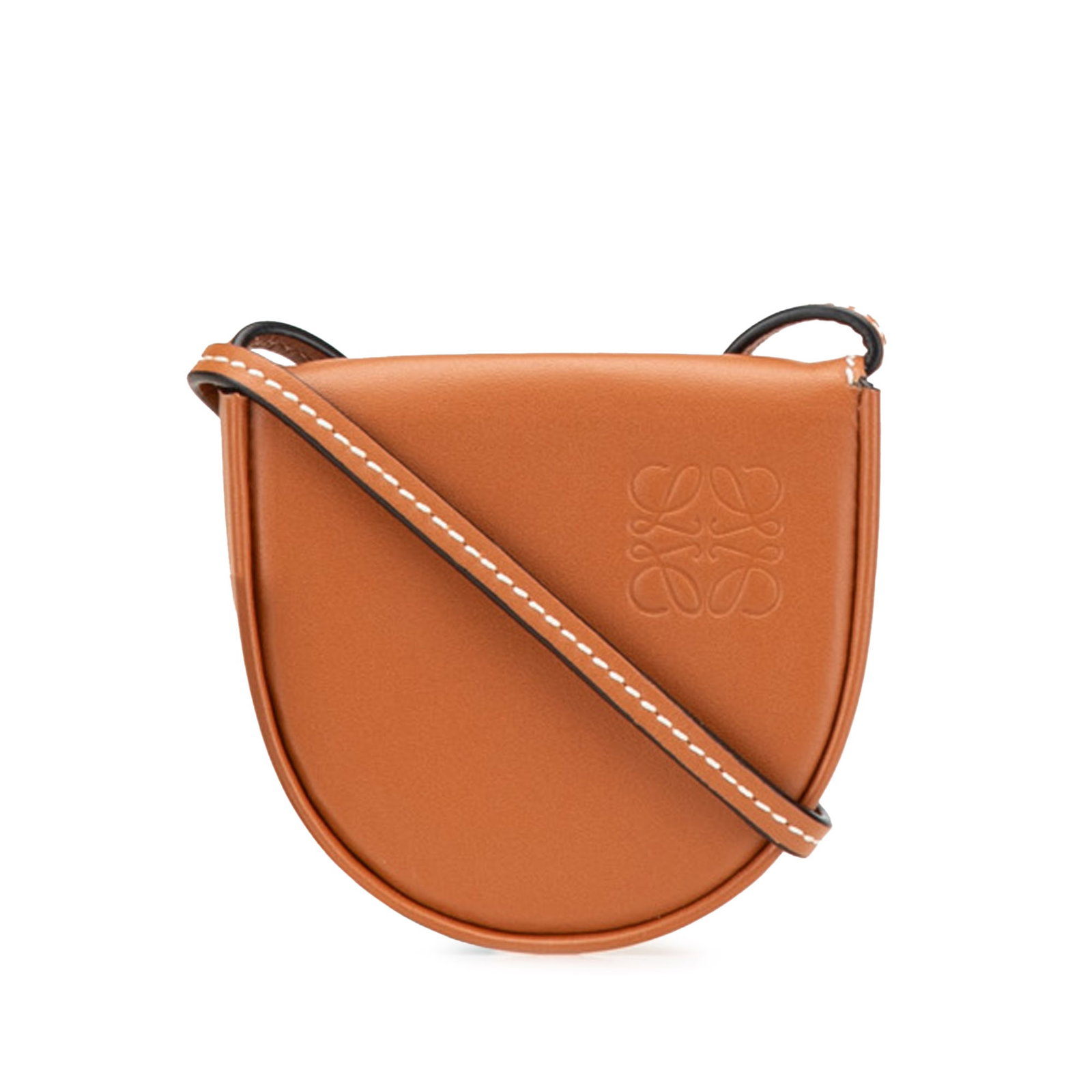 LOEWE Mini Soft Calfskin Heel Pouch Brown Leather Crossbody Bag: LOEWE Mini Soft Calfskin Heel Pouch Brown Leather Crossbody Bag The LOEWE Mini Soft Calfskin Heel Pouch is a stylish crossbody bag crafted from high-quality leather. It features a flat shoulder strap 