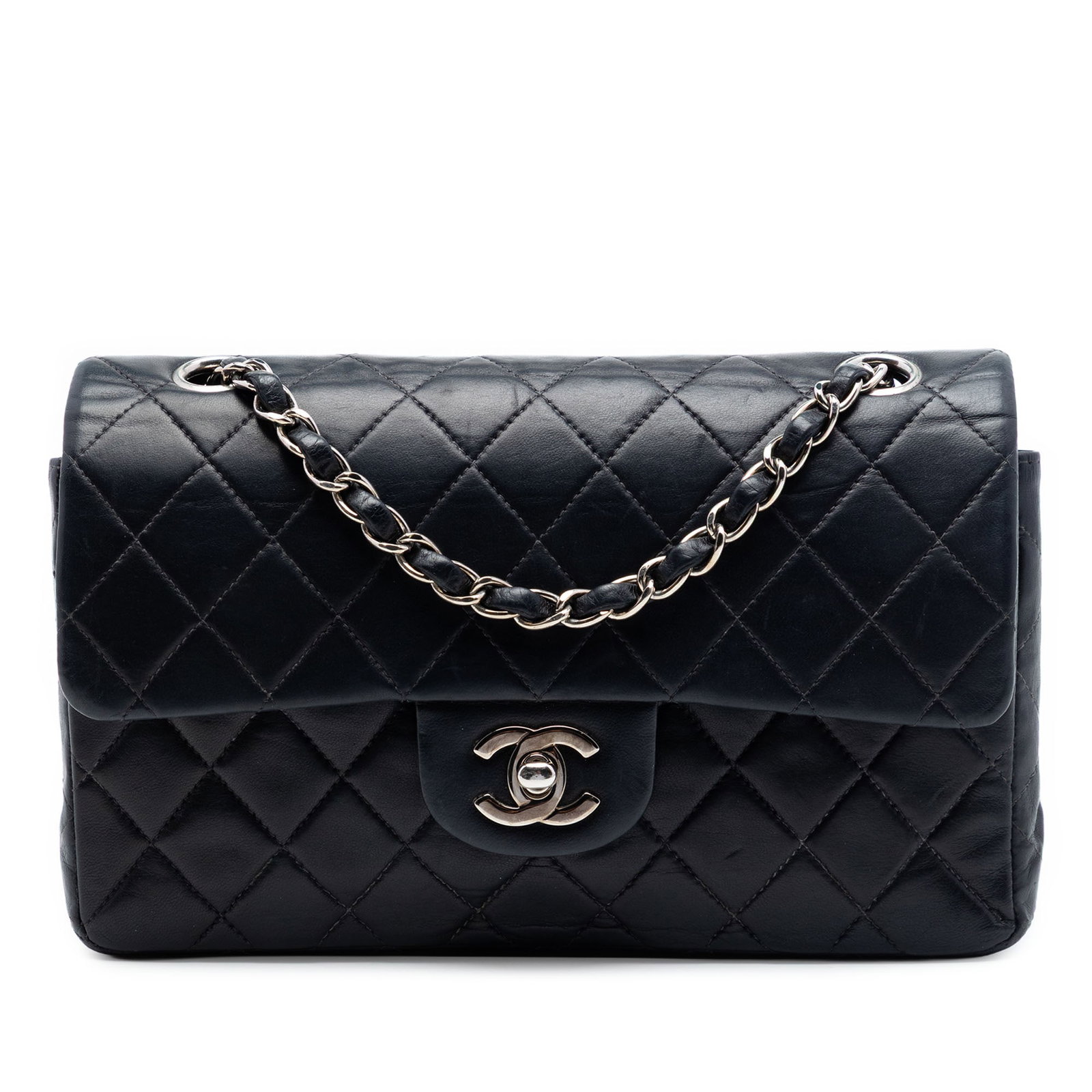 Chanel Small Classic Double Flap Shoulder Bag Black Lambskin: Chanel Small Classic Double Flap Shoulder Bag Black Lambskin A Chanel Small Classic Lambskin Double Flap shoulder bag crafted in black quilted lambskin leather. This bag features a back slip pocket, l