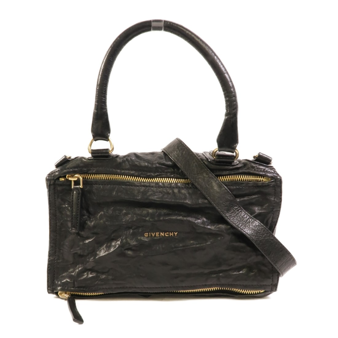 Givenchy Pandora Black Calfskin Shoulder Bag GHW: Givenchy Pandora Black Calfskin Shoulder Bag GHW This Givenchy Pandora shoulder bag is crafted from black calfskin leather and features gold-tone hardware. Designed for women, it offers a spacious int