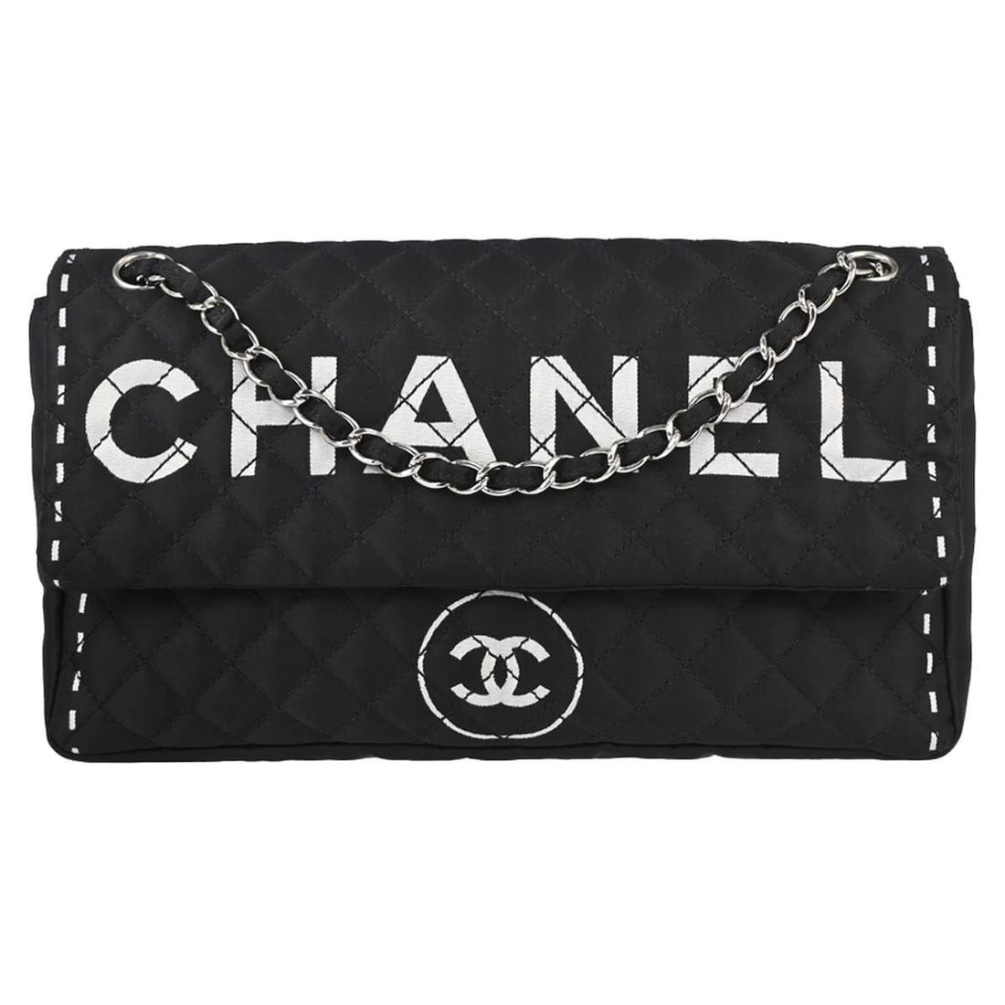 CHANEL Classic Flap shoulder bag black satin logo print (1 of 15)