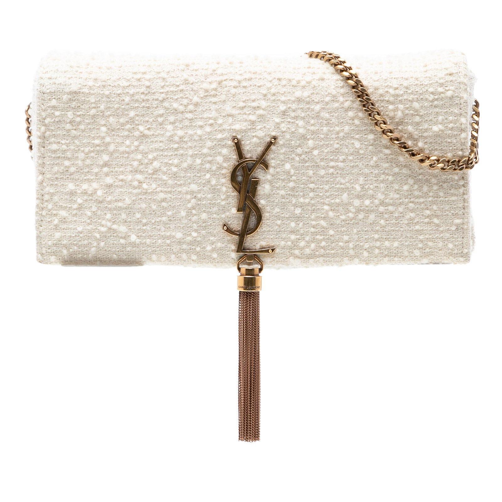 Saint Laurent Kate 99 Tweed Monogram Tassel Bag: Saint Laurent Kate 99 Tweed Monogram Tassel Bag This Saint Laurent Tweed Monogram Kate 99 Tassel Bag features a sophisticated tweed body with a detachable chain link strap, a front flap secured by a m