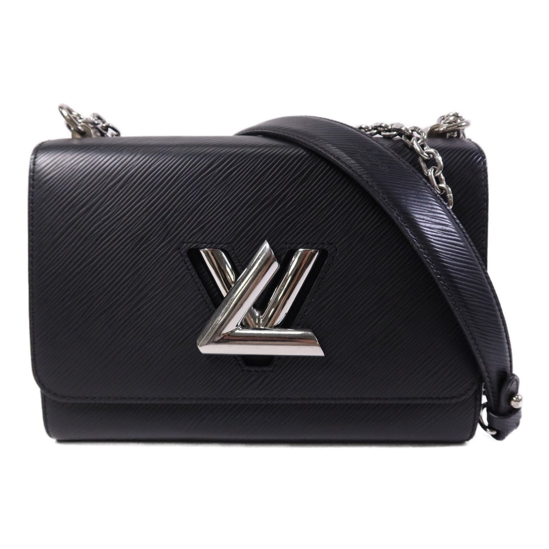 Louis Vuitton Twist MM Black Epi Leather Shoulder Bag with Silver Chain: Louis Vuitton Twist MM Black Epi Leather Shoulder Bag with Silver Chain This Louis Vuitton Twist MM chain shoulder bag is crafted from Epi leather in black calfskin. Designed for women, it features a 
