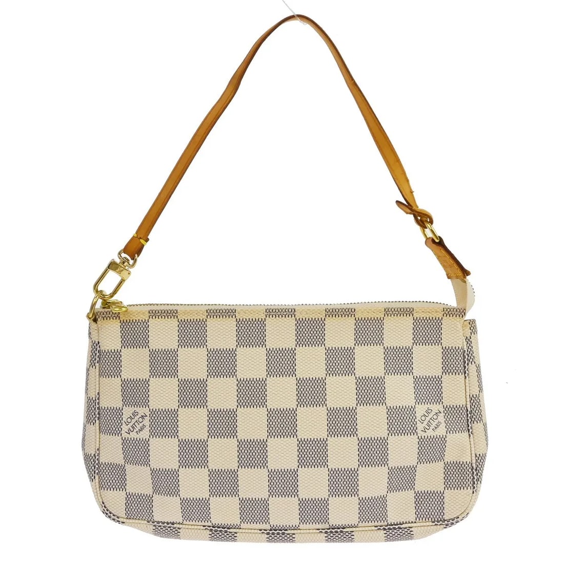 Louis Vuitton Pochette Accessoires NM White Damier Canvas Bag: Louis Vuitton Pochette Accessoires NM White Damier Canvas Bag Louis Vuitton Pochette Accessoires NM in white Damier canvas. This handbag is in fair condition with visible wear, including scuffs, crack