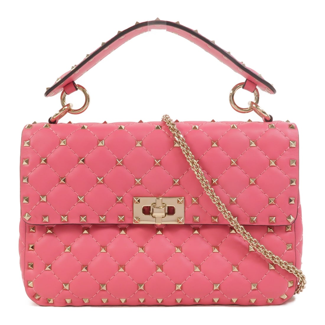 Valentino Rockstud Spike Pink Calfskin 2 Way Shoulder Bag GHW: Valentino Rockstud Spike Pink Calfskin 2 Way Shoulder Bag GHW This Valentino 2-way shoulder bag features a stylish Rockstud Spike design crafted from pink calfskin leather. The bag offers versatile ca