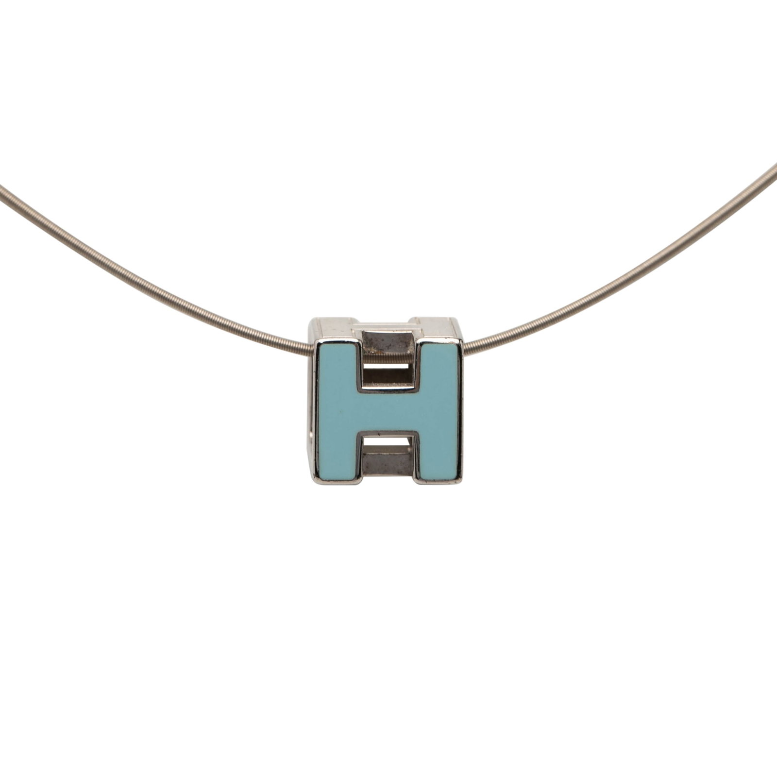 Hermes Cage D H Pendant Necklace with Palladium Plated Lacquer Finish: Hermes Cage D H Pendant Necklace with Palladium Plated Lacquer Finish This necklace features a pendant with lacquer detailing, suspended from a palladium plated snake chain and secured with a slide-lo