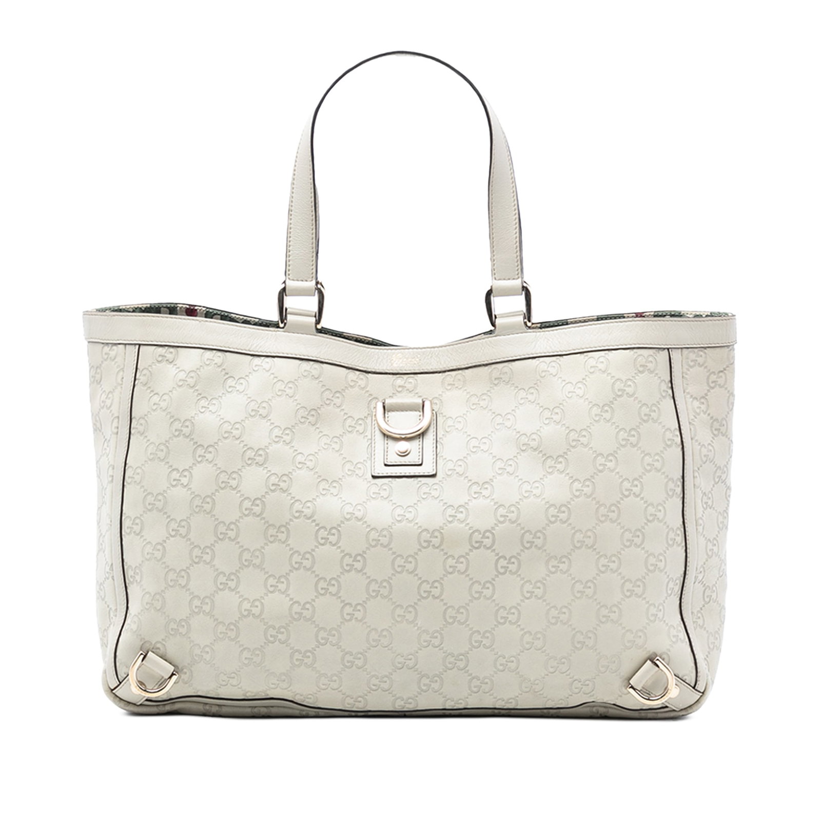 Gucci Abbey Tote White Embossed Leather D Ring Handbag Italy: Gucci Abbey Tote White Embossed Leather D Ring Handbag Italy This Guccissima Abbey D Ring Tote features an embossed leather exterior with flat leather straps, an open top secured by a magnetic closure