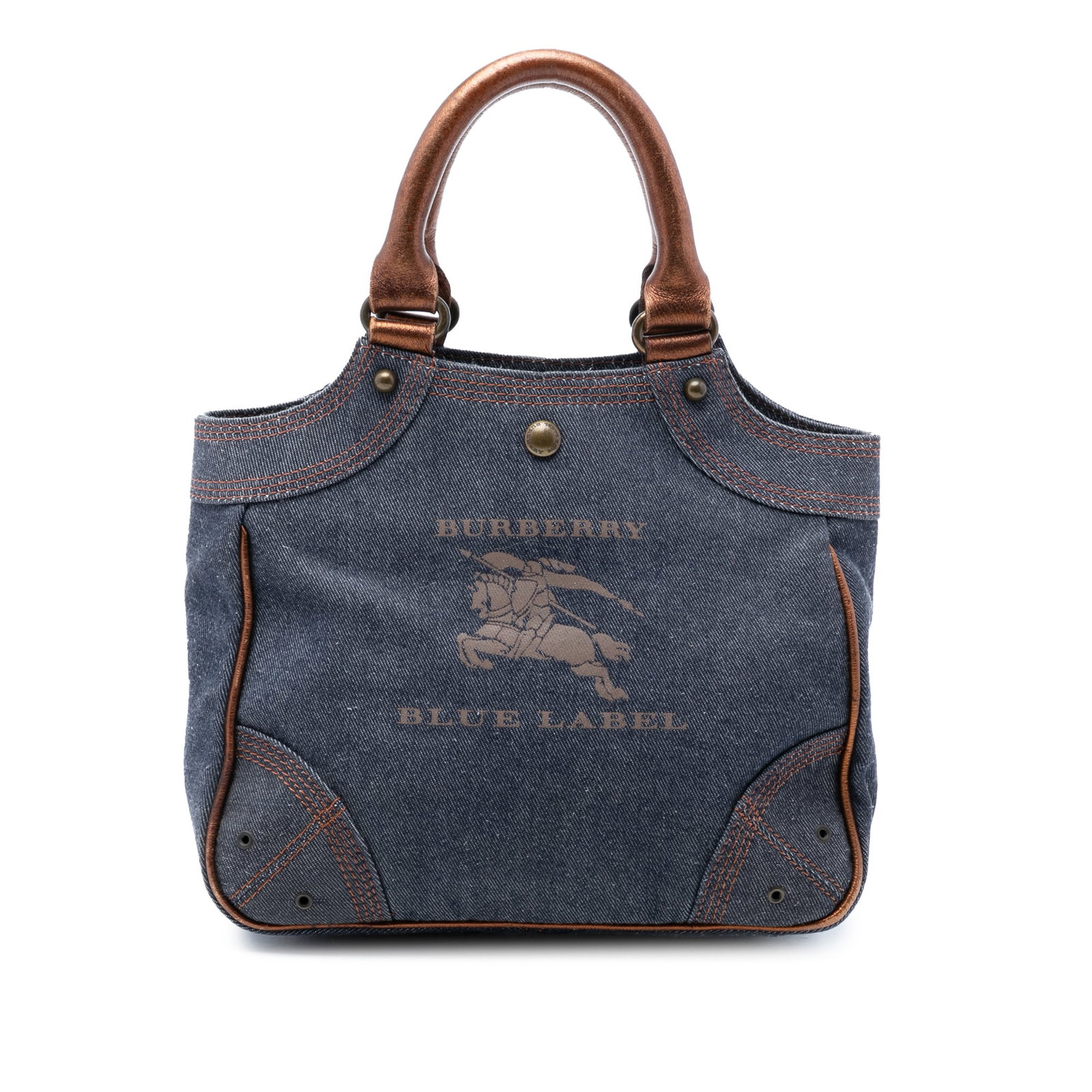 Burberry blue denim fabric tote with leather handles: Burberry blue denim fabric tote with leather handles This Burberry handbag features a blue denim fabric body with rolled leather handles that have been repainted. The bag has an open top with a magnet