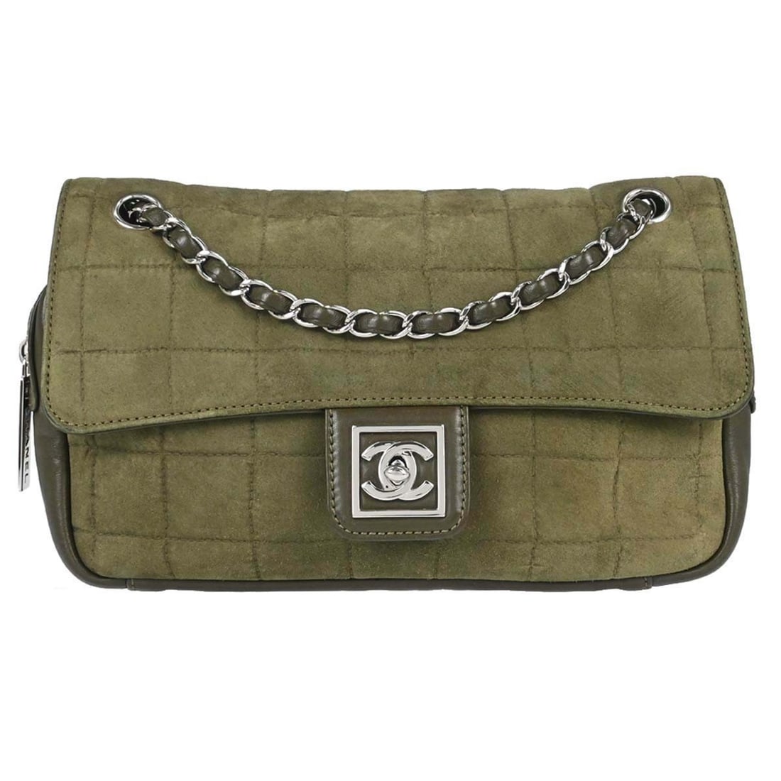 CHANEL Sport Line Choco Bar Shoulder Bag Khaki Suede: CHANEL Sport Line Choco Bar Shoulder Bag Khaki Suede Chanel Sport Line Choco Bar shoulder bag in khaki suede with a buckle closure and shoulder strap. Made in Italy, this bag includes the serial stick