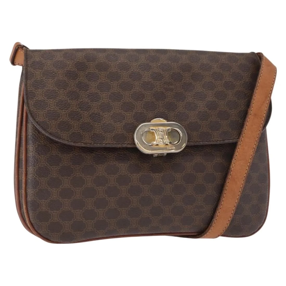 Celine Vintage Macadam Shoulder Bag Brown Canvas Italy: Celine Vintage Macadam Shoulder Bag Brown Canvas Italy This vintage Celine Macadam shoulder bag for women features a brown canvas exterior with signs of use including surface deformation, rubbing, sta