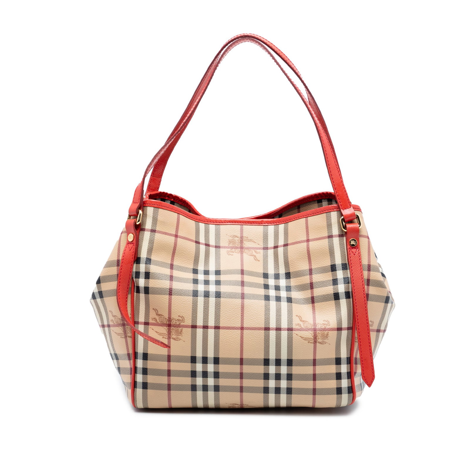 Burberry Canterbury tote Haymarket check coated canvas with pouch: Burberry Canterbury tote Haymarket check coated canvas with pouch This Burberry Small Haymarket Check Canterbury Tote features the iconic haymarket check coated canvas with leather trim and flat leath