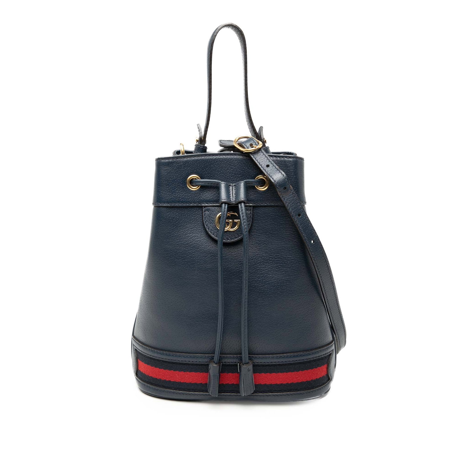 Gucci Ophidia Blue Leather Bucket Bag GG Web: Gucci Ophidia Blue Leather Bucket Bag GG Web This Gucci GG Web Ophidia Bucket Bag showcases a blue leather body accented with signature web detailing. It features a flat leather handle, a detachable f