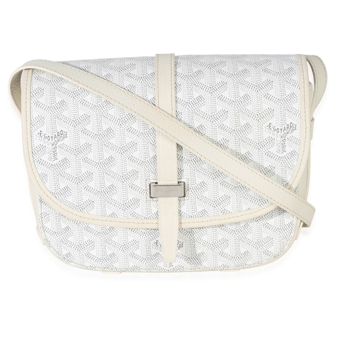 Goyard Belvedere II PM White Canvas Shoulder Bag Dustbag: Goyard Belvedere II PM White Canvas Shoulder Bag Dustbag This Goyard Belvedere II PM is a pre-owned unisex shoulder bag crafted from white Goyardine canvas with silver-tone hardware. The bag features 