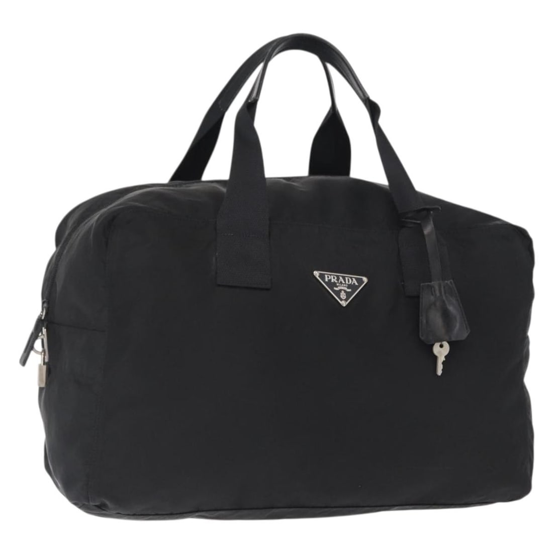 Prada Black Nylon Boston Bag with Dual Carry Options and Silver Accents: Prada Black Nylon Boston Bag with Dual Carry Options and Silver Accents This PRADA Boston Bag features a classic 2-way design crafted from durable black nylon with silver-tone accents. Made in Italy, 