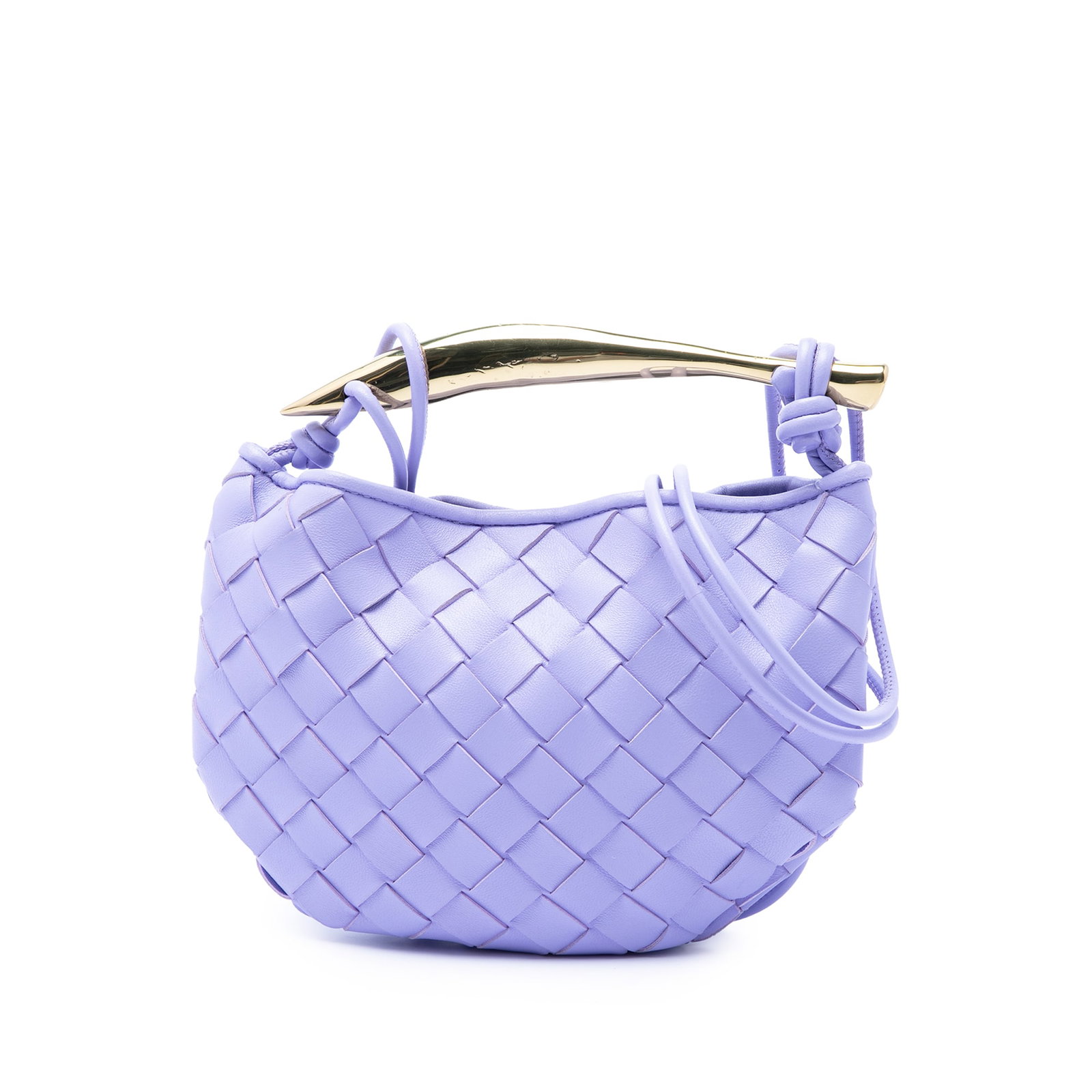 Purple Leather Satchel Bottega Veneta Intrecciato Sardine: Purple Leather Satchel Bottega Veneta Intrecciato Sardine Bottega Veneta Baby Lambskin Intrecciato Sardine satchel in purple woven lambskin leather. This bag features a gold-tone metal handle, rolled 