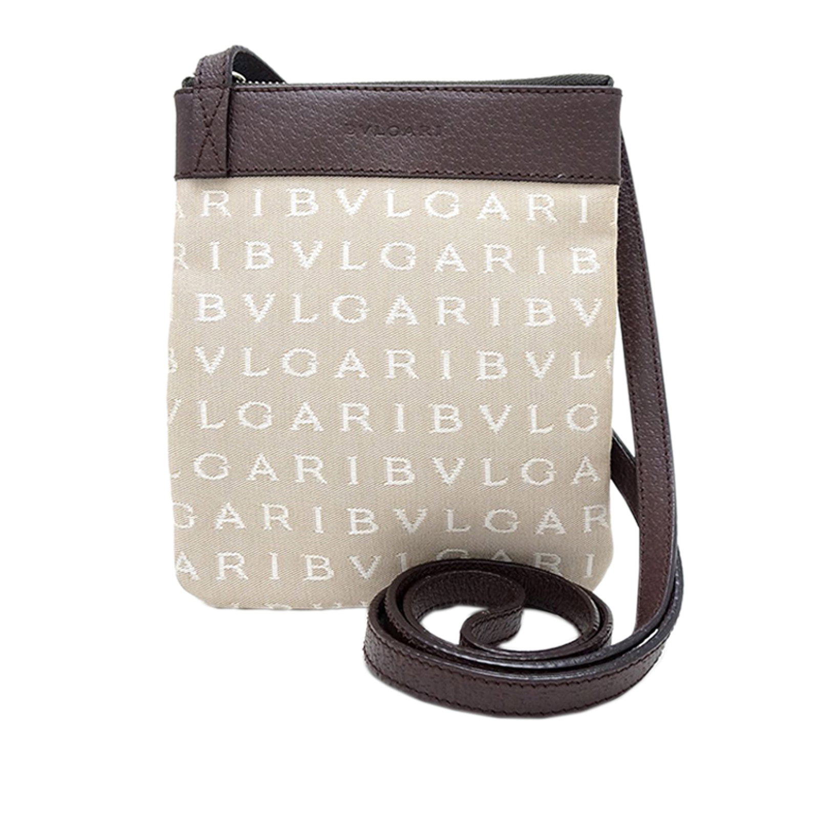 Bvlgari Logomania Canvas Beige Crossbody Bag: Bvlgari Logomania Canvas Beige Crossbody Bag This Bvlgari Logomania Canvas Crossbody bag features a beige canvas body accented with leather trim and a flat leather strap. It is designed with a top zip