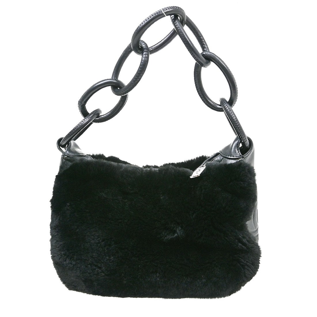 CHANEL Medium Black Lapin Fur Shoulder Bag with Lambskin Trim: CHANEL Medium Black Lapin Fur Shoulder Bag with Lambskin Trim Medium Chanel shoulder bag in black rabbit fur with black lambskin trim and logo accents. This women's bag is made in Italy and features a