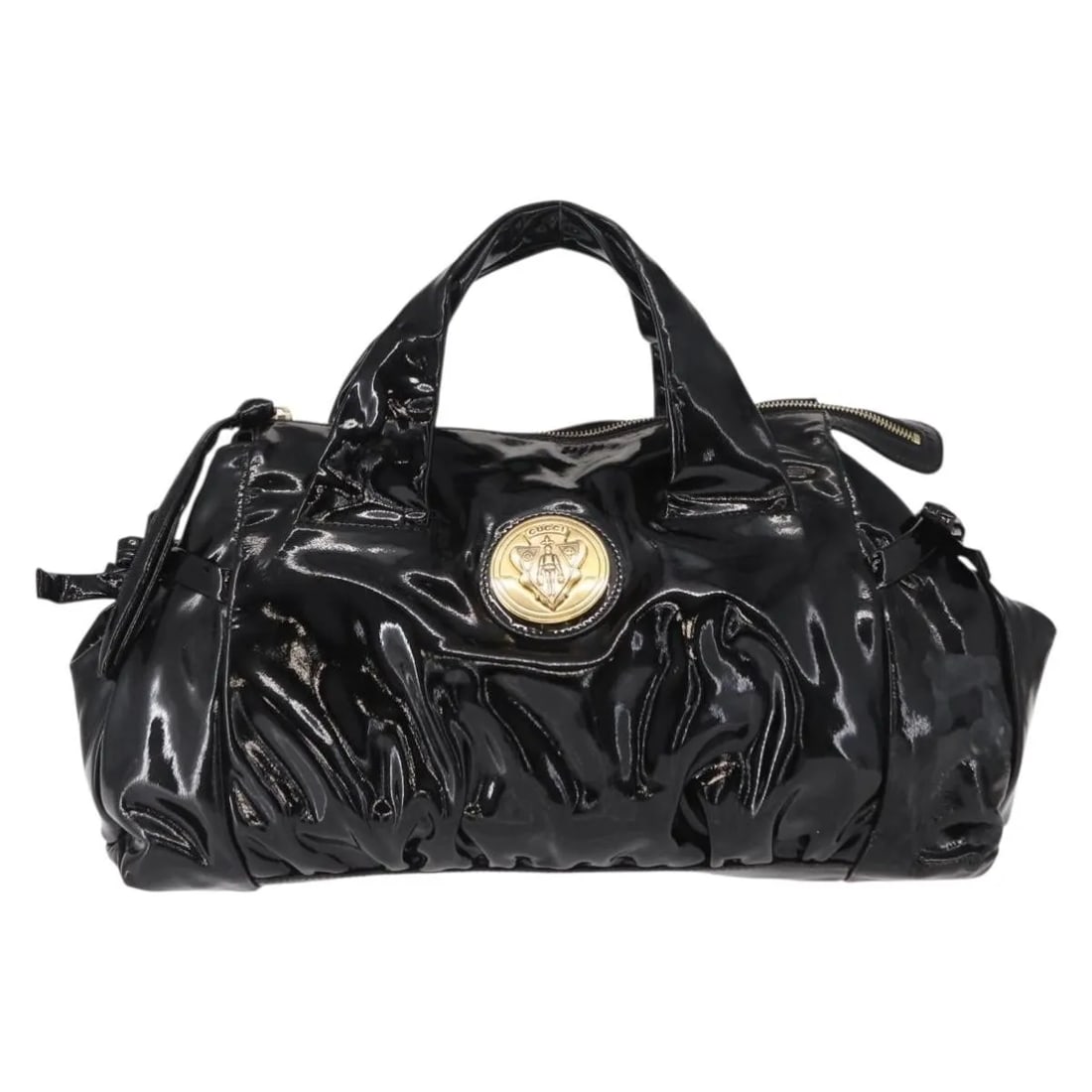 Gucci Hysteria Top Handle Convertible Patent Leather Bag: Gucci Hysteria Top Handle Convertible Patent Leather Bag This Gucci Hysteria Convertible Top Handle Bag is crafted from black patent leather and designed for women. It features a convertible top handl