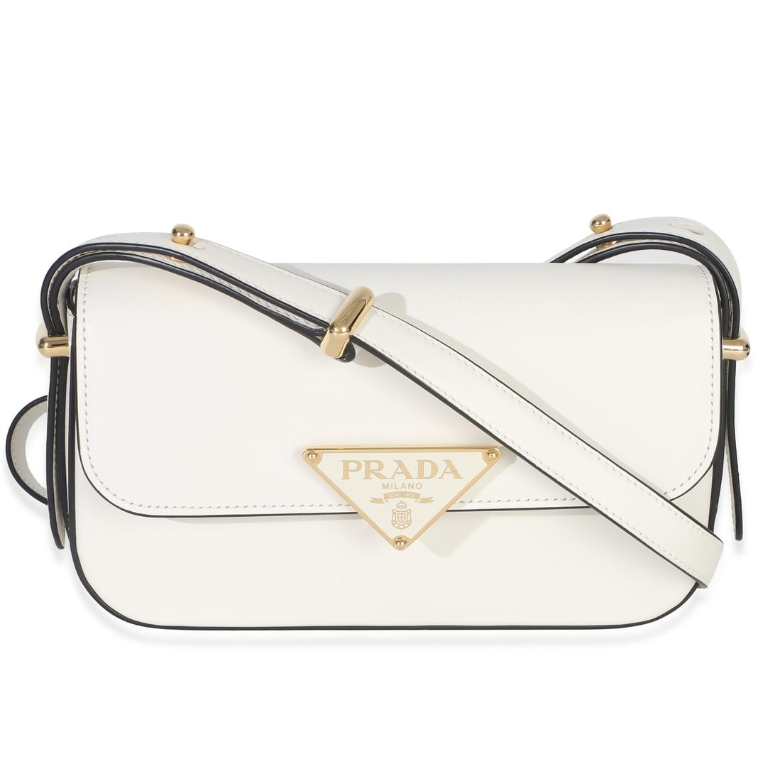 Prada White Leather Shoulder Bag Triangle Logo Flap: Prada White Leather Shoulder Bag Triangle Logo Flap This Prada Triangle Logo Flap Bag is crafted from smooth white calfskin leather and features a distinctive triangular logo on the flap. The bag is d