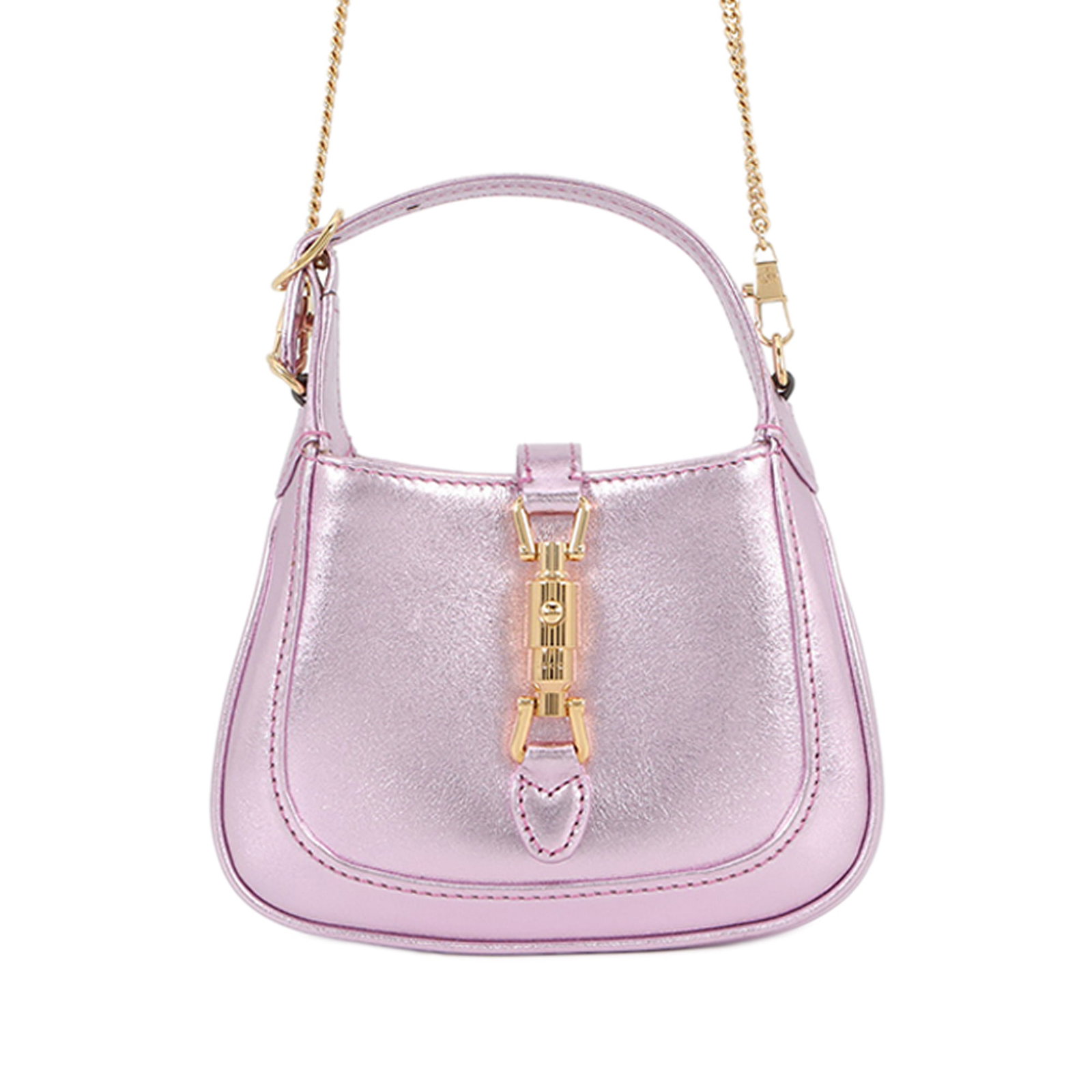 Gucci Jackie 1961 Nano Metallic Calfskin Pink Satchel: Gucci Jackie 1961 Nano Metallic Calfskin Pink Satchel Gucci Jackie 1961 satchel in pink metallic calfskin leather. This nano bag features a leather body, an adjustable flat leather handle, a detachabl