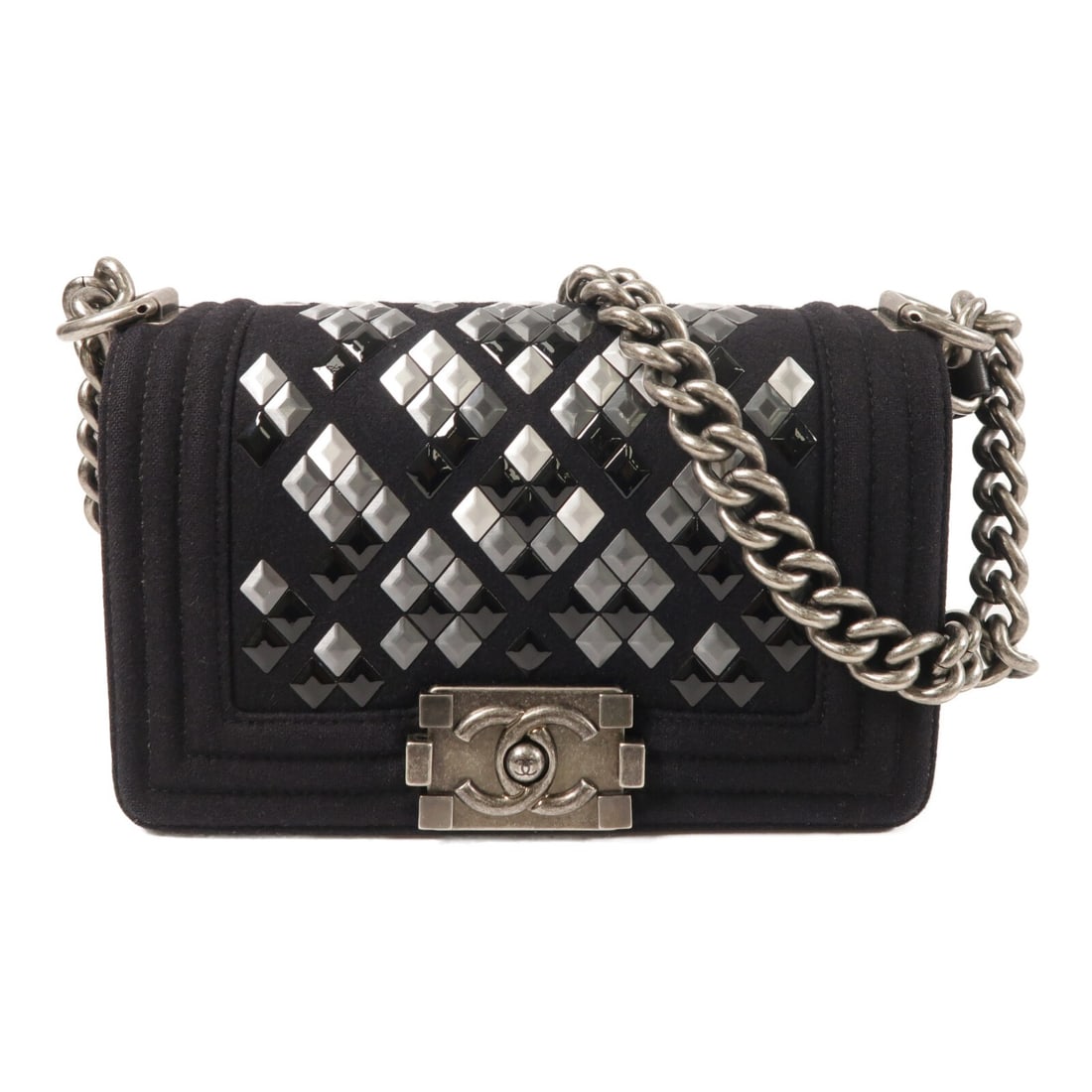Chanel Mosaic Boy 20 Black Wool Shoulder Bag with Silver CC Chain: Chanel Mosaic Boy 20 Black Wool Shoulder Bag with Silver CC Chain This CHANEL CC Mosaic Boy 20 chain shoulder bag features a black wool exterior and silver-tone hardware. Designed for women, it offers