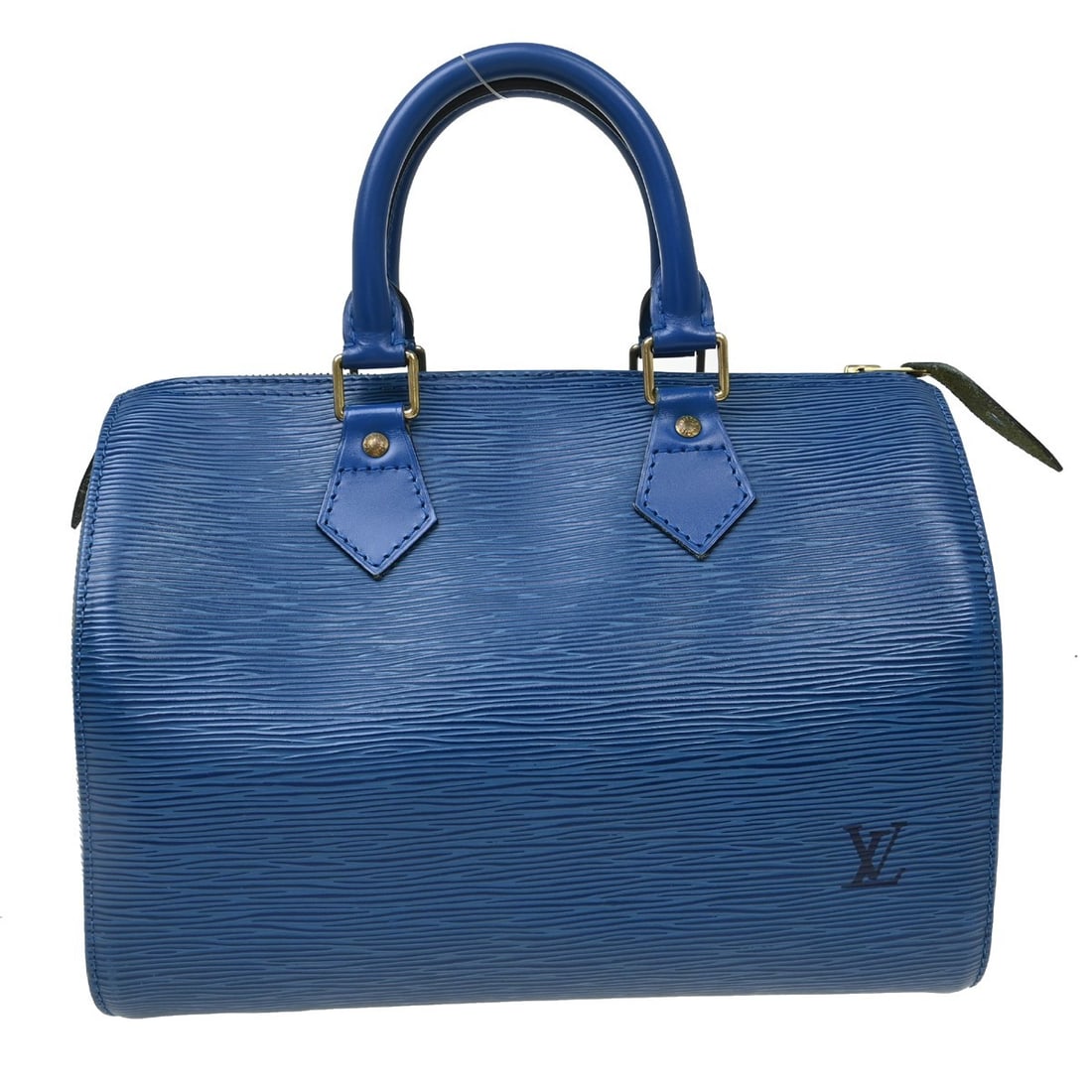 Louis Vuitton Speedy 25 Blue Epi Leather Hand Bag M43015: Louis Vuitton Speedy 25 Blue Epi Leather Hand Bag M43015 Vintage Louis Vuitton Speedy 25 handbag in Toledo blue Epi leather with double handles, zip closure, and inner and outer pockets. The bag shows