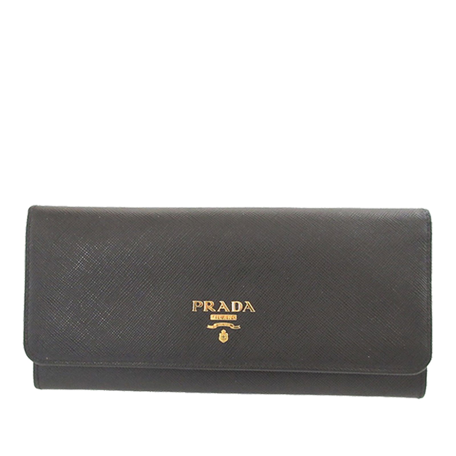Prada Saffiano Leather Long Wallet Bifold Black: Prada Saffiano Leather Long Wallet Bifold Black Prada Saffiano Bifold Long Wallet in black leather with a front flap snap closure, exterior zip pocket, and interior zip and slip compartments. Made in 