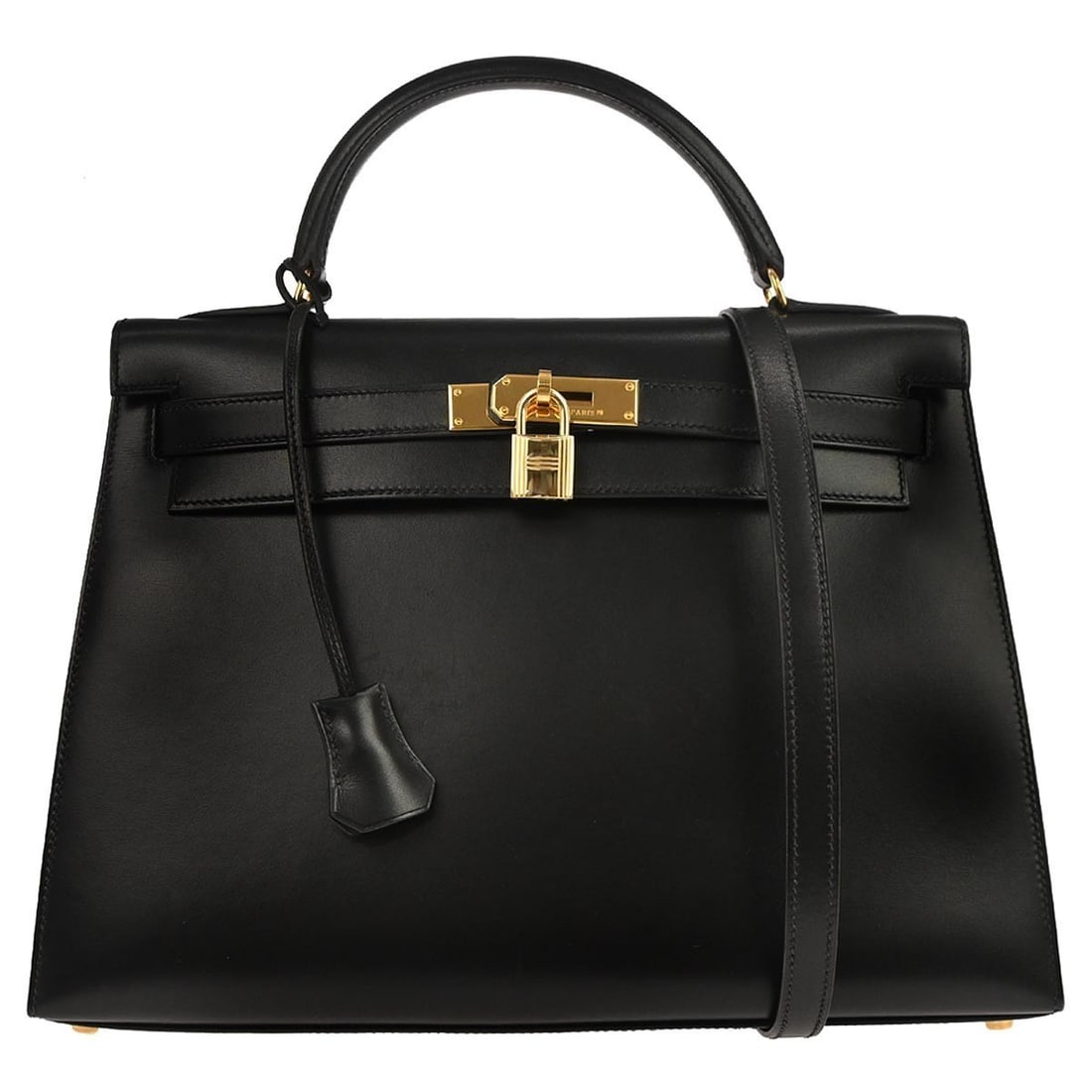 HERMES Kelly 32 Sellier Black Box Calf Top Handle Bag: HERMES Kelly 32 Sellier Black Box Calf Top Handle Bag Hermes Kelly 32 Sellier 2-way handbag in black box calf leather with a structured top handle design and turn-lock closure. Made in France, this wo