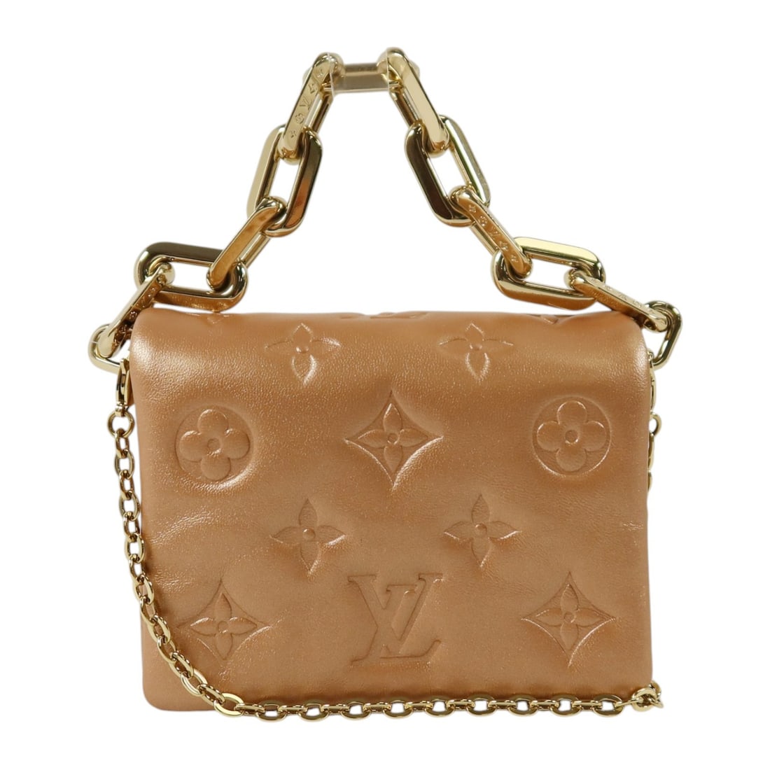 Louis Vuitton Coussin Pink Calfskin 2way Shoulder Bag M21765: Louis Vuitton Coussin Pink Calfskin 2way Shoulder Bag M21765 This Louis Vuitton Coussin belt bag features a monogram-embossed pink calfskin exterior and gold-tone hardware. Designed as a versatile 2-w