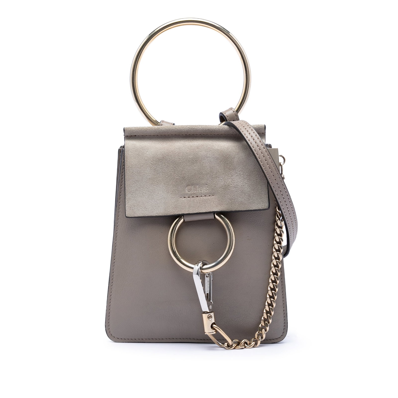 Faye Mini Bracelet Bag in Brown Leather and Suede by Chloe: Faye Mini Bracelet Bag in Brown Leather and Suede by Chloe The Chloe Mini Calfskin and Suede Faye Bracelet Bag features a leather body with a combination of calfskin and suede, a distinctive metal han