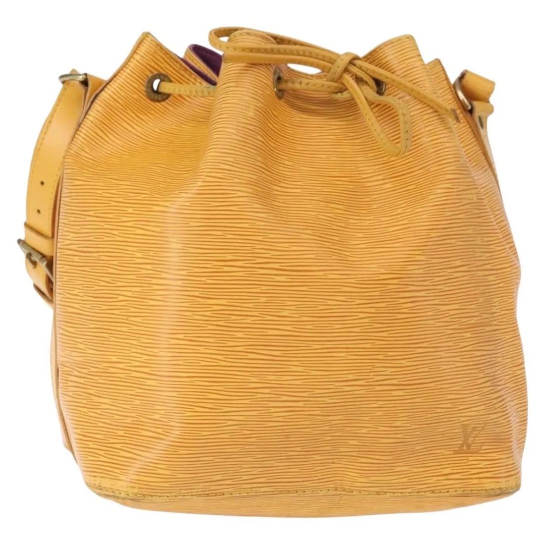 Louis Vuitton Petit Noe Yellow Epi Leather Shoulder Bag: Louis Vuitton Petit Noe Yellow Epi Leather Shoulder Bag This Louis Vuitton Petit Noe handbag features yellow Epi leather with a shoulder strap. The bag shows signs of use including surface rubbing, sl