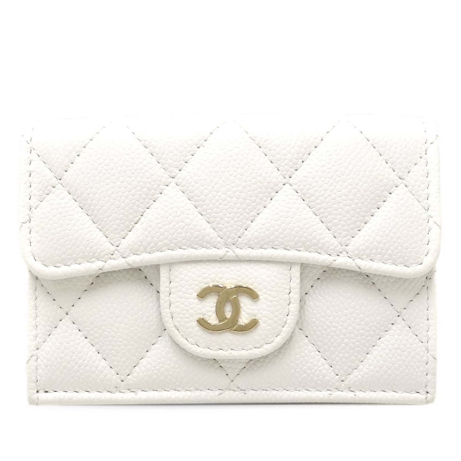 Chanel White Leather Tri Fold Card Holder Wallet: Chanel White Leather Tri Fold Card Holder Wallet This Chanel CC Quilted Caviar Flap Card Holder Wallet is crafted from white leather and features a tri-fold design with a snap closure. It includes a f
