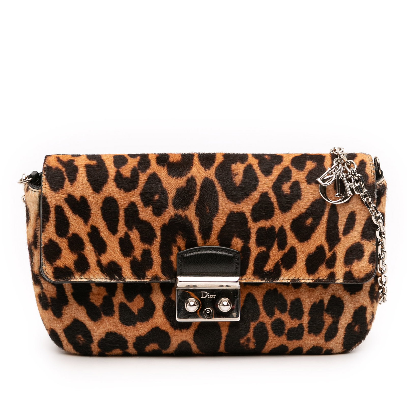 Dior Miss Dior Crossbody Bag Leopard Pony Hair With Silver Chain Strap: Dior Miss Dior Crossbody Bag Leopard Pony Hair With Silver Chain Strap This Miss Dior crossbody bag features a striking leopard print pony hair exterior, complemented by a detachable silver tone curb 