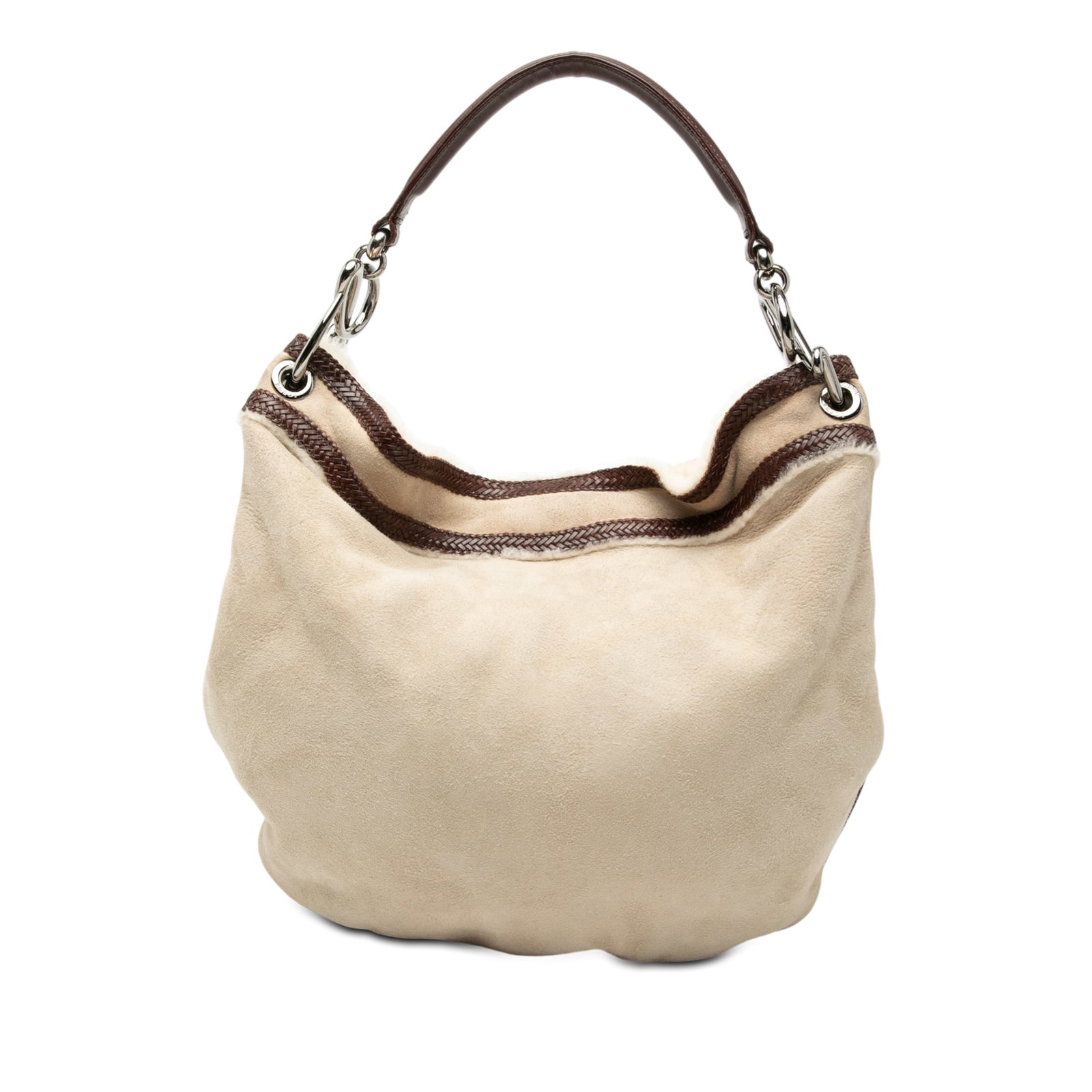 Loewe Beige Suede Hobo Bag with Leather and Fur Trim: Loewe Beige Suede Hobo Bag with Leather and Fur Trim This LOEWE hobo bag features a beige suede leather body accented with calf leather and fur trim. It is designed with a flat handle and an open top 