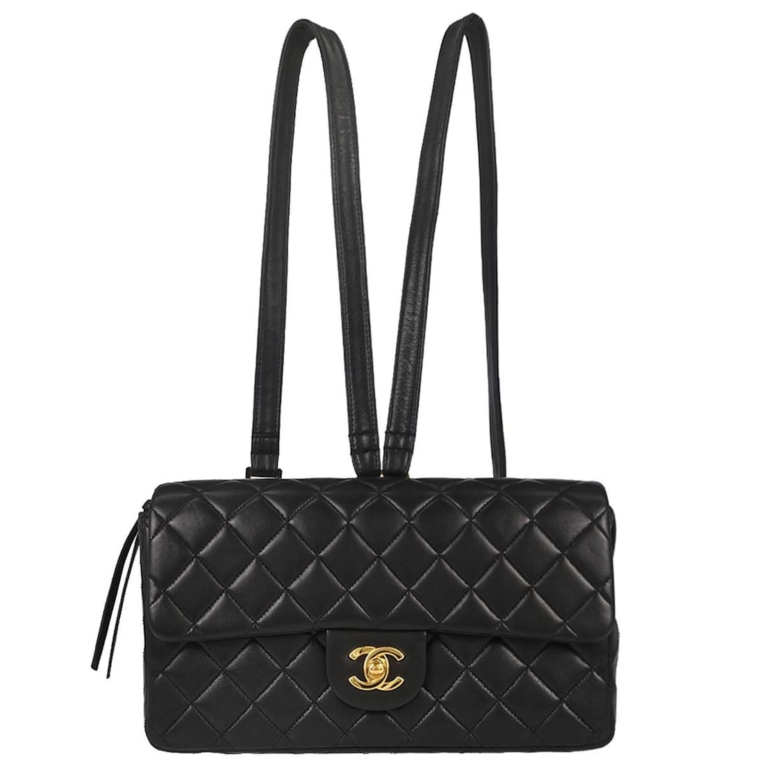 CHANEL Duma small backpack in black lambskin leather: CHANEL Duma small backpack in black lambskin leather Small Chanel Duma backpack in black lambskin leather with a turn-lock closure. The bag features one exterior pocket plus one interior zipper pocket