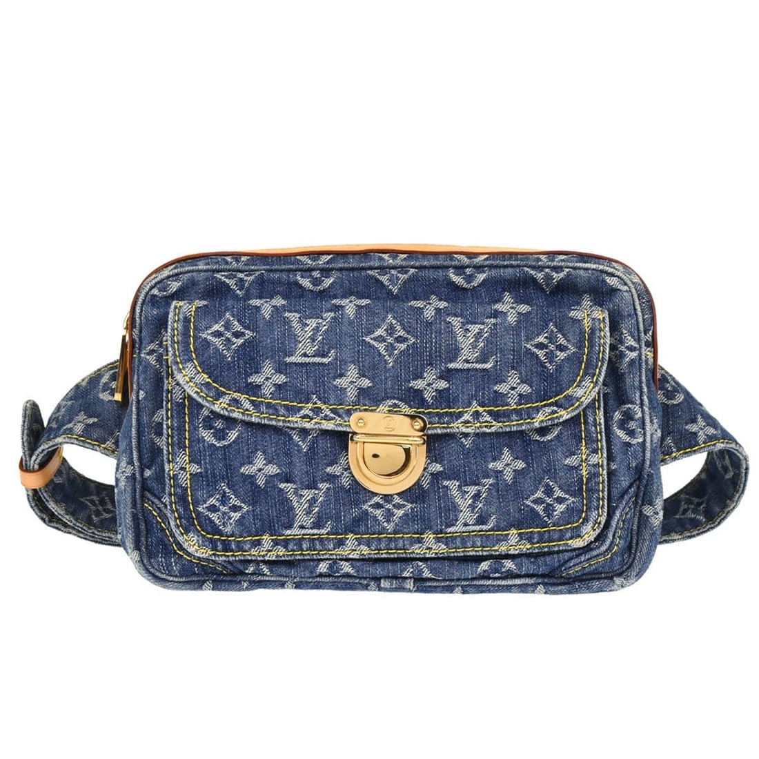 Louis Vuitton Monogram Denim bum bag blue waist pouch M95347: Louis Vuitton Monogram Denim bum bag blue waist pouch M95347 Louis Vuitton Monogram Denim bum bag in blue, designed as a waist pouch with a zip closure and adjustable belt strap. The exterior is made 