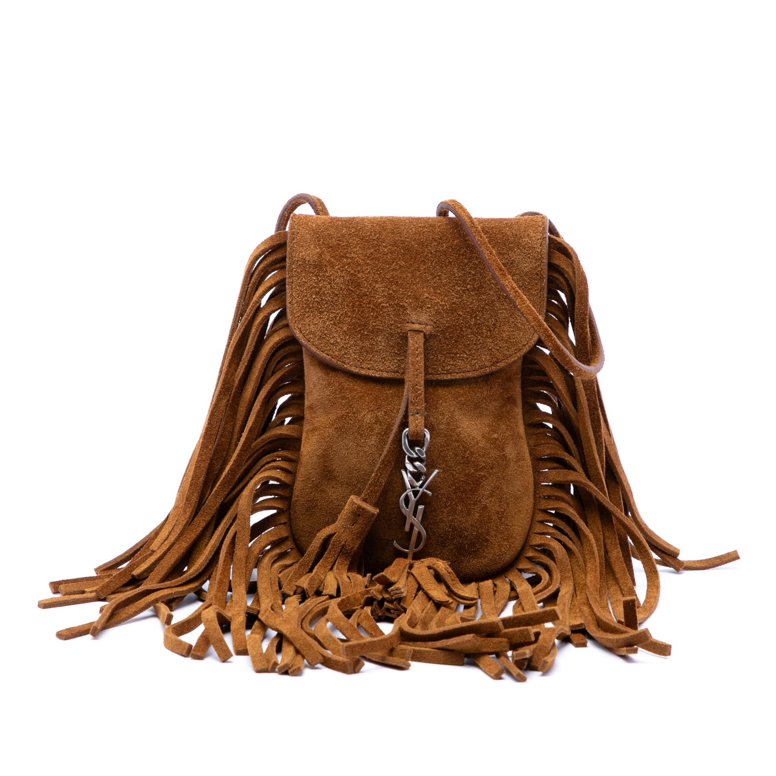 Brown Suede Fringe Crossbody Bag Saint Laurent Anita Toy: Brown Suede Fringe Crossbody Bag Saint Laurent Anita Toy Saint Laurent Toy Suede Anita Fringed Crossbody in brown suede leather with fringe and tassel details. This crossbody bag features a flat leath