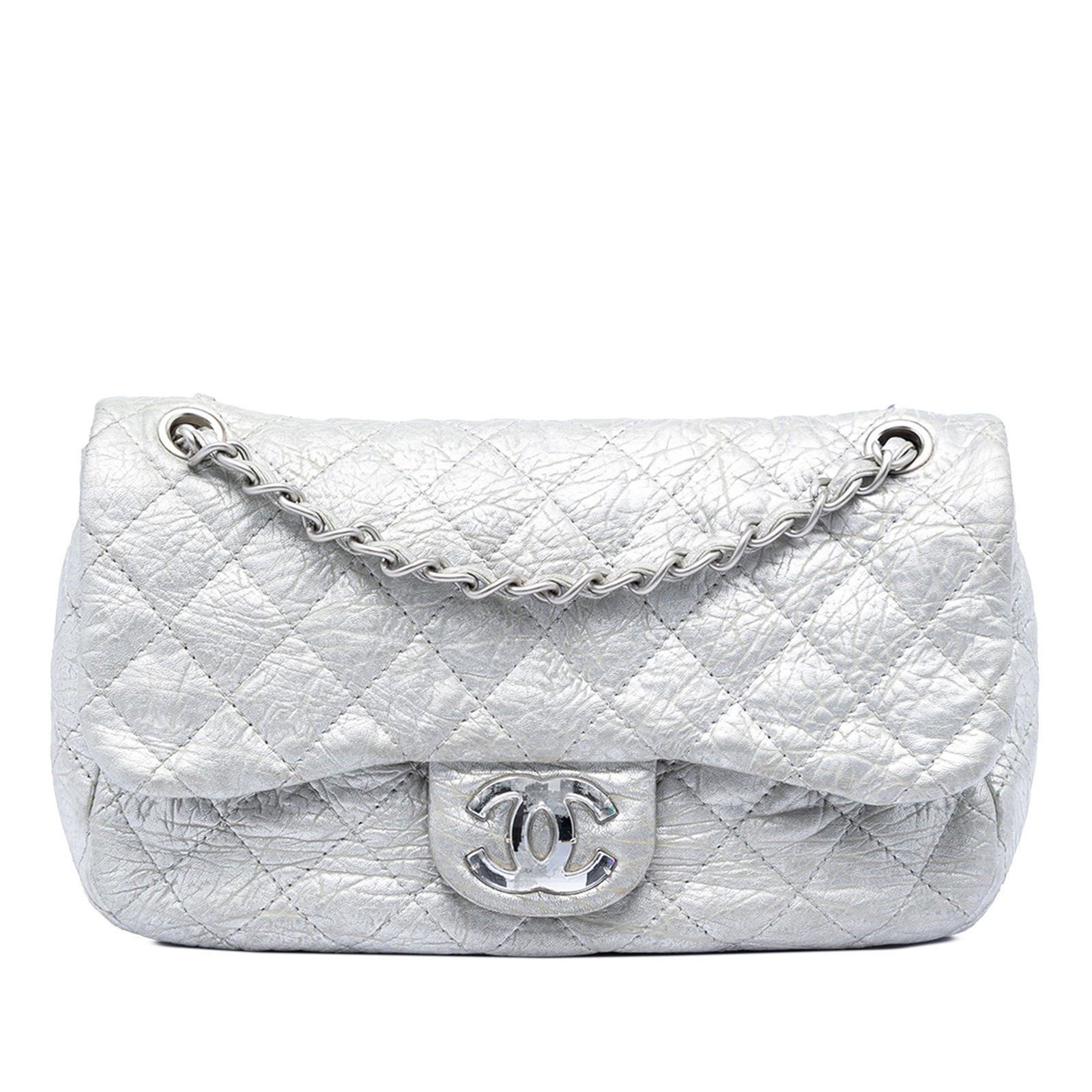 Chanel Ice Cube On the Rocks Medium Calfskin Flap Bag: Chanel Ice Cube On the Rocks Medium Calfskin Flap Bag Chanel Medium Calfskin Ice Cube On the Rocks Flap shoulder bag in silver leather. This flap bag features a quilted leather body, leather-woven cha