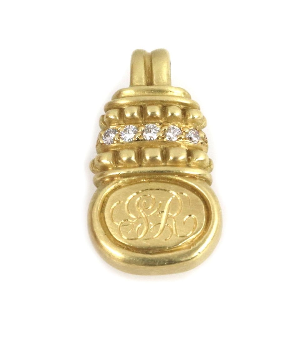 Judith Ripka JR Logo Diamond Pendant in 18k Yellow Gold: Judith Ripka JR Logo Diamond Pendant in 18k Yellow Gold This exquisite pendant by Judith Ripka features a stunning design crafted from 18k yellow gold. It showcases a fancy fine bead top with five rou