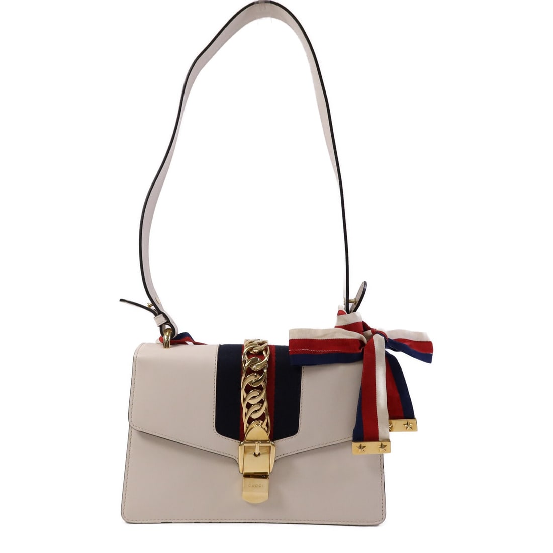 White Sylvie GG Shoulder Bag by Gucci Calfskin Leather GHW: White Sylvie GG Shoulder Bag by Gucci Calfskin Leather GHW This GUCCI Sylvie shoulder bag is crafted from white calfskin leather and features gold-tone hardware. It offers a stylish and versatile acce