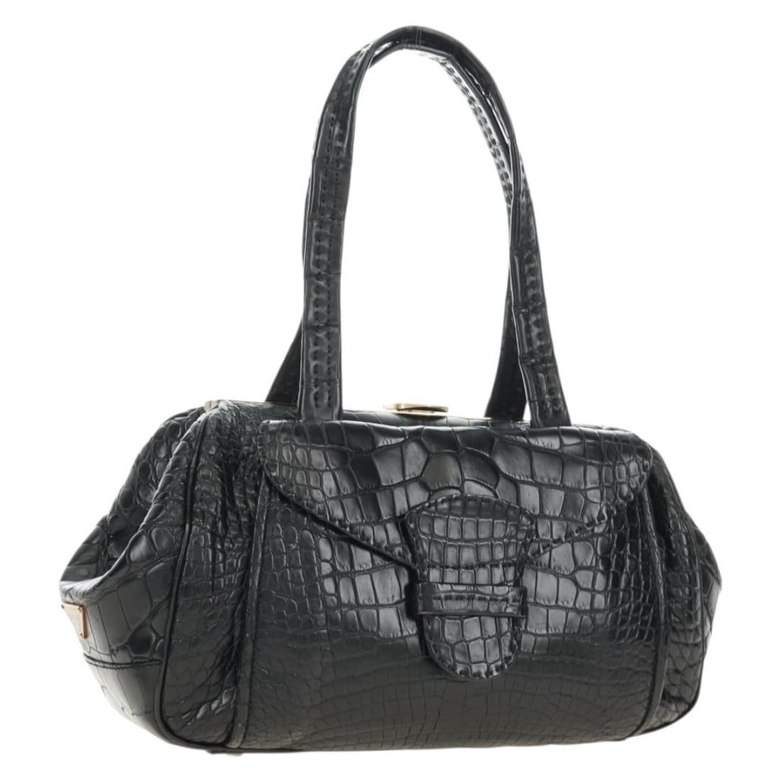 PRADA black croco embossed leather handbag with dust bag: PRADA black croco embossed leather handbag with dust bag Prada leather handbag in black with croco-embossed detailing and gold-tone accents. Made in Italy, this women's handbag includes a dust bag. Co
