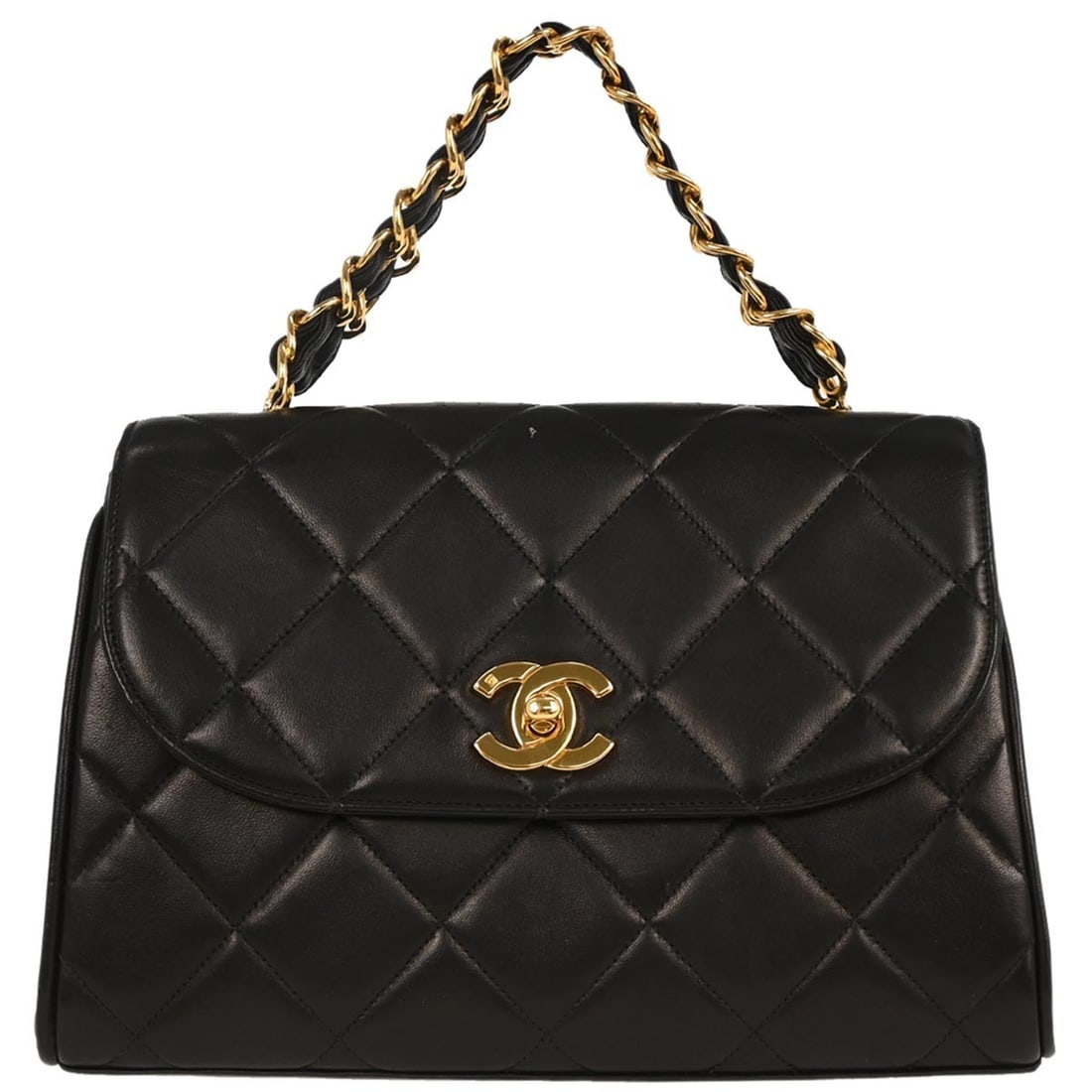 Chanel top handle handbag in black lambskin with box: Chanel top handle handbag in black lambskin with box Black Chanel handbag crafted from lambskin. The bag shows scuffs on the exterior and interior, and the interior pocket has dirt. It includes a seri