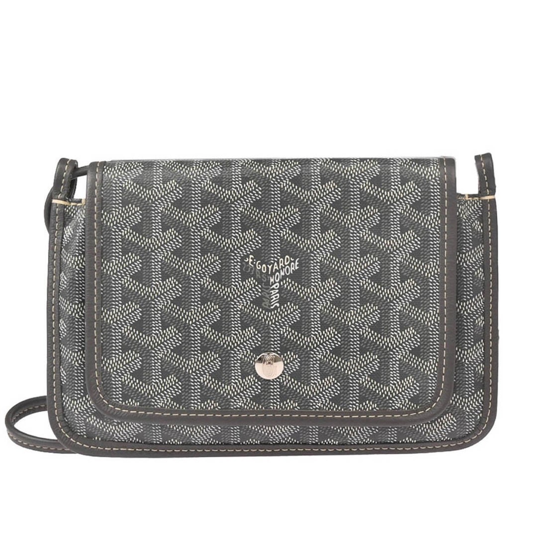Goyard Plumet Gray WOC Clutch Shoulder Bag France: Goyard Plumet Gray WOC Clutch Shoulder Bag France Goyard Plumet shoulder bag pochette wallet in gray and white with logo accents. This small unisex piece is made in France and features Goyardine canva