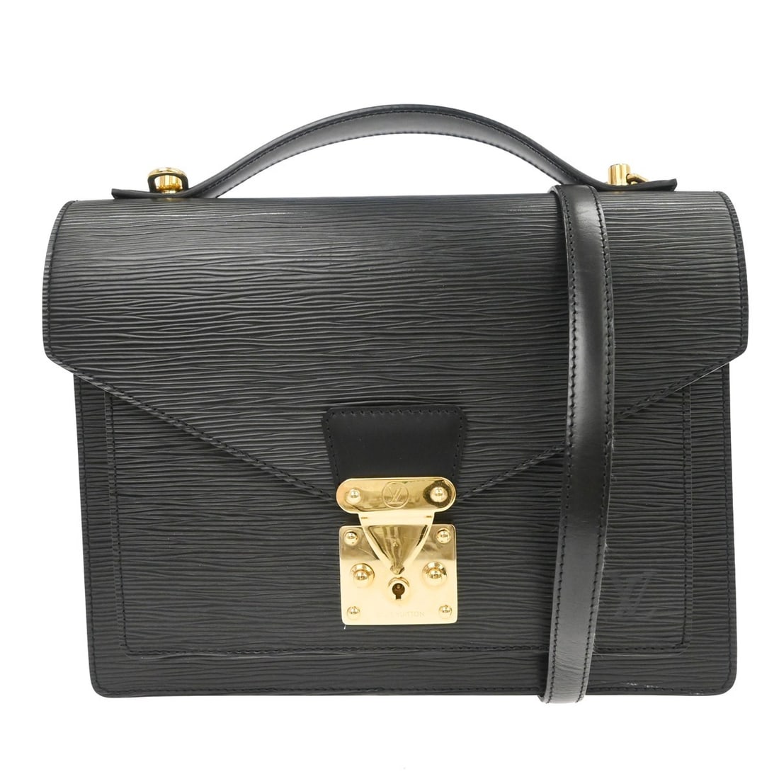 Louis Vuitton Monceau 28 Epi Leather Satchel with Strap Black: Louis Vuitton Monceau 28 Epi Leather Satchel with Strap Black Vintage Louis Vuitton Monceau 28 satchel in black Epi leather with a flap lock closure, double handles, and a removable shoulder strap for