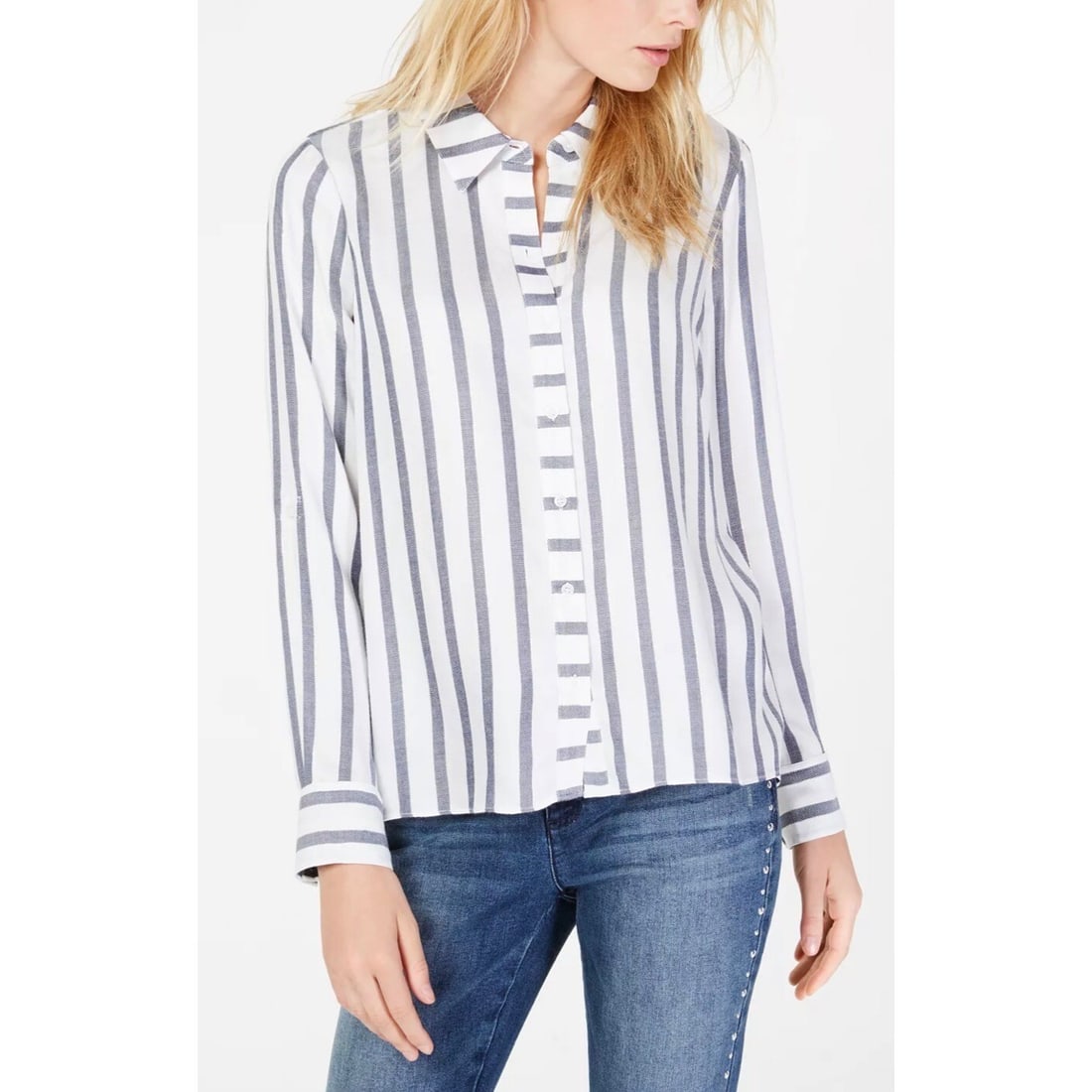 INC Metallic Blue Stripe Blouse Women's XS Shimmering Rayon (1 of 2)